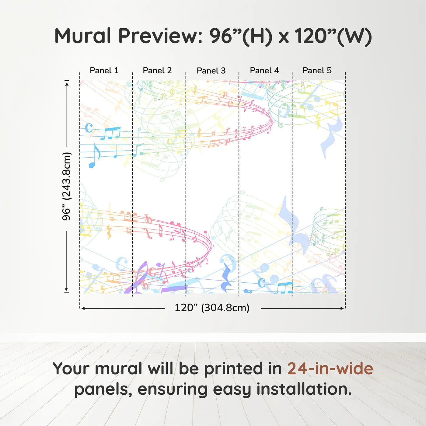 Whimsy Tots Rainbow Music Notes Wall Muraldimension view (96" H x 120" W). Printed in five 24-inch-wide panels. Gender-Neutral