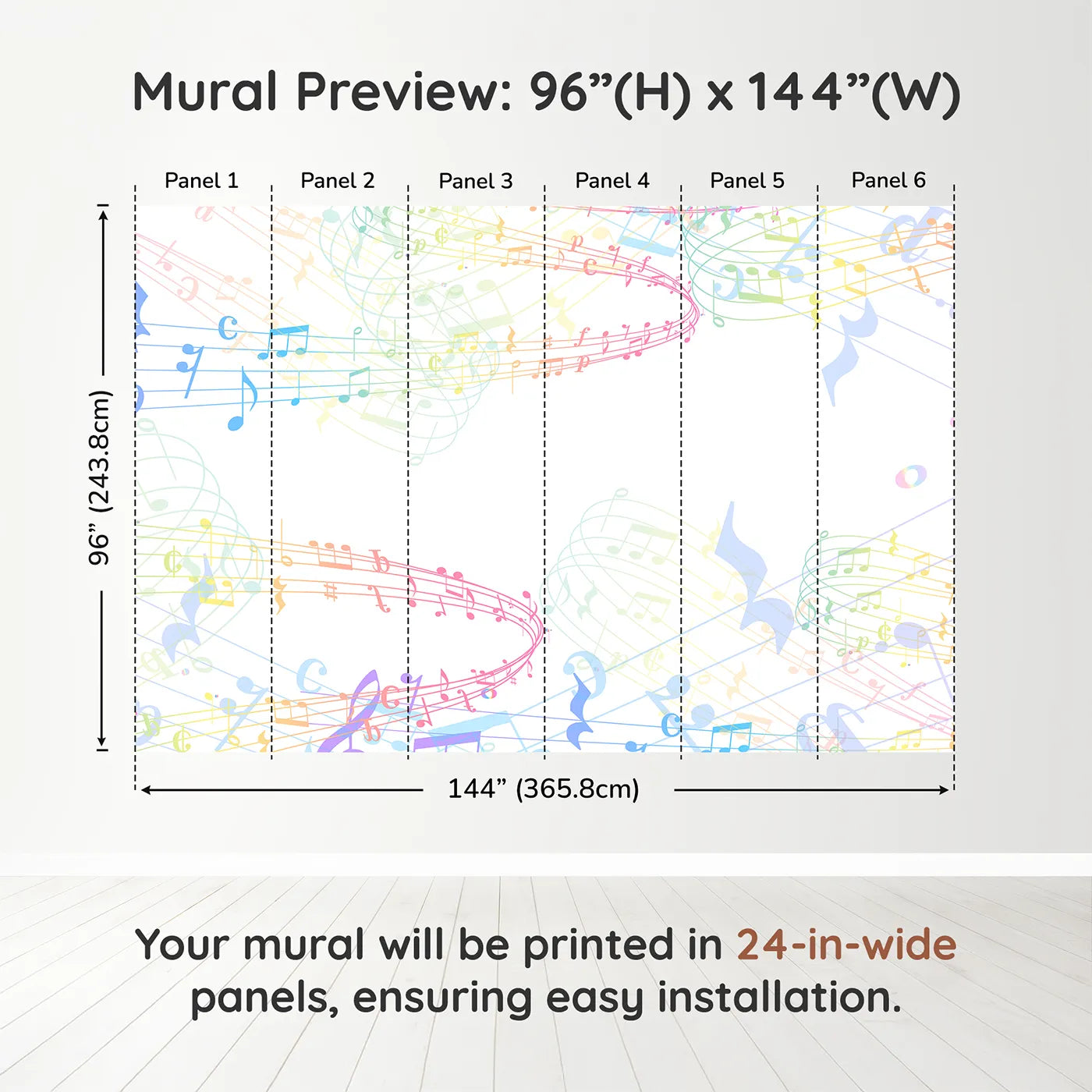 Whimsy Tots Rainbow Music Notes Wall Muraldimension view (96" H x 144" W). Printed in six 24-inch-wide panels. Gender-Neutral