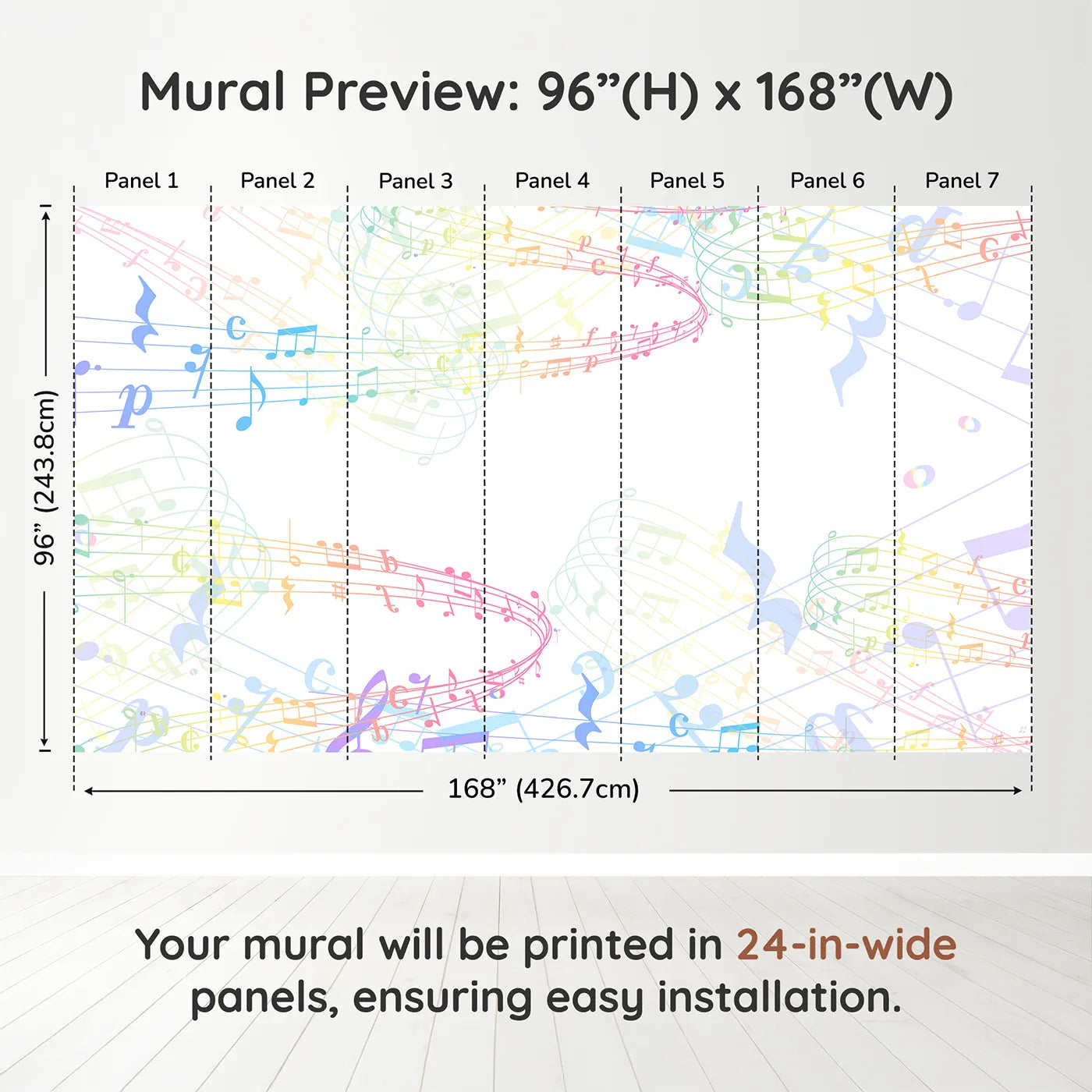 Whimsy Tots Rainbow Music Notes Wall Muraldimension view (96" H x 168" W). Printed in seven 24-inch-wide panels. Gender-Neutral