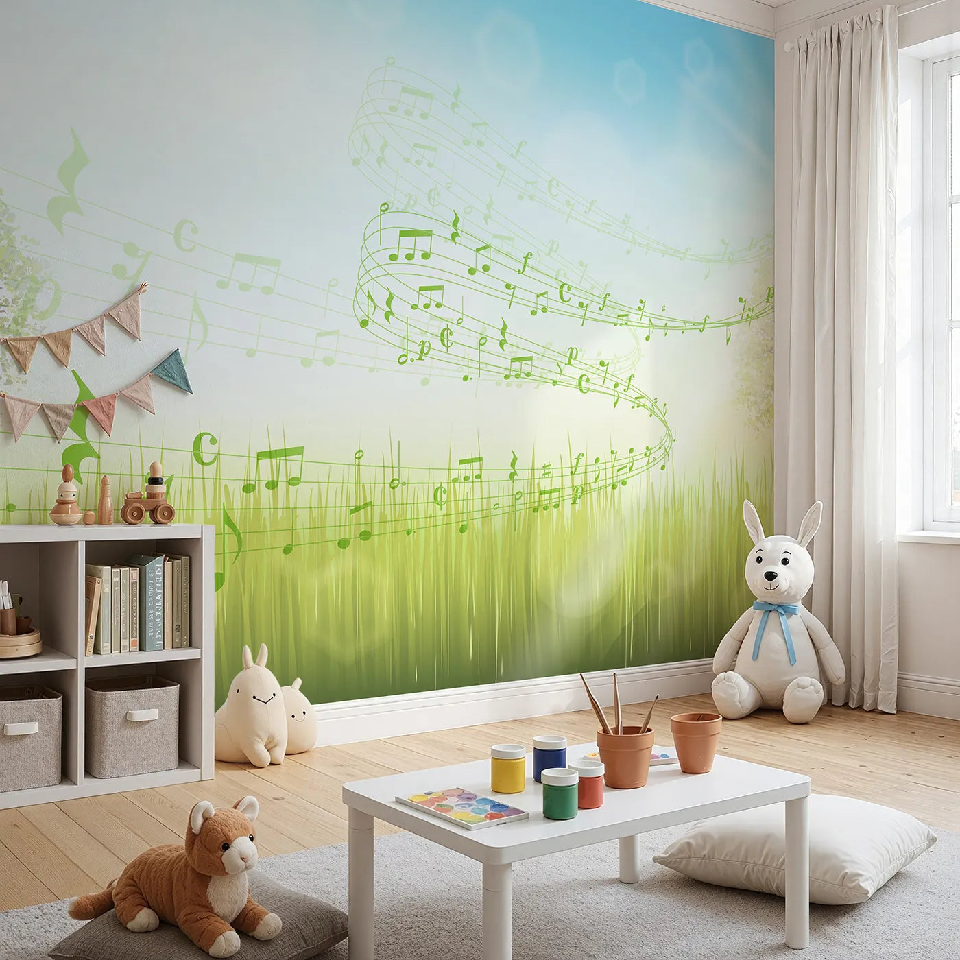 Angled view of Whimsy Tots' Song of the Meadow Wall Mural (Turn Their Room into a Sunny, Musical Landscape).Gender-Neutral