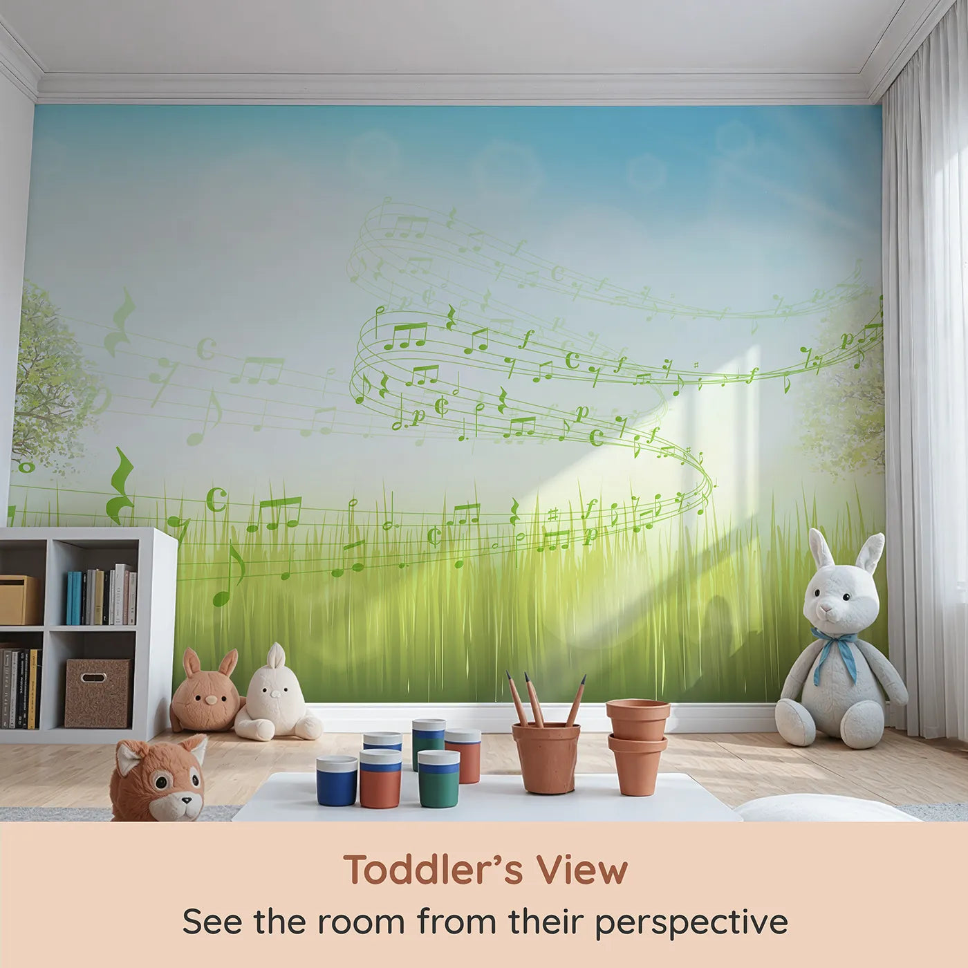 Whimsy Tots Song of the Meadow Wall Mural (Turn Their Room into a Sunny, Musical Landscape) from your child's view.Gender-Neutral