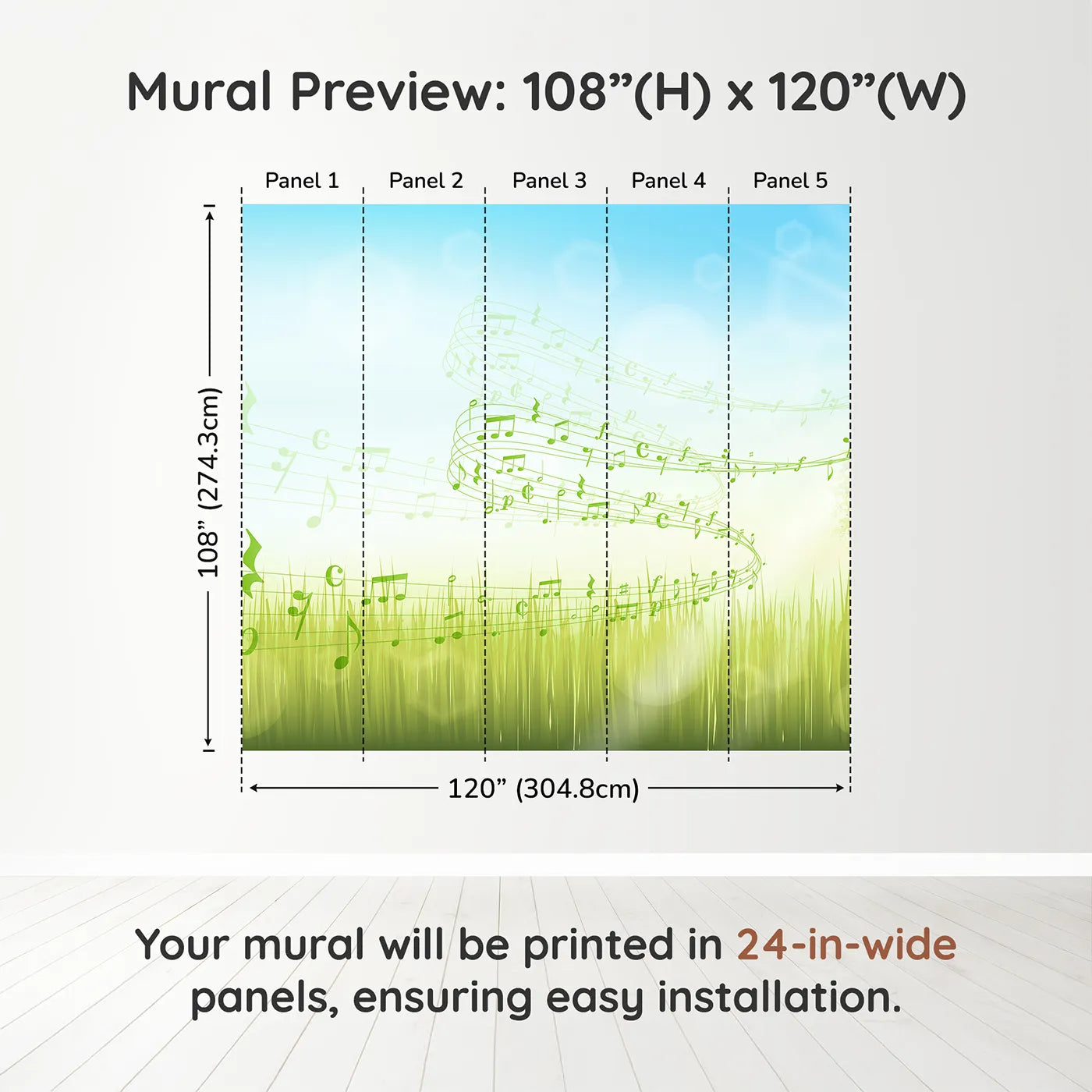 Whimsy Tots Song of the Meadow Wall Muraldimension view (108" H x 120" W). Printed in five 24-inch-wide panels. Gender-Neutral