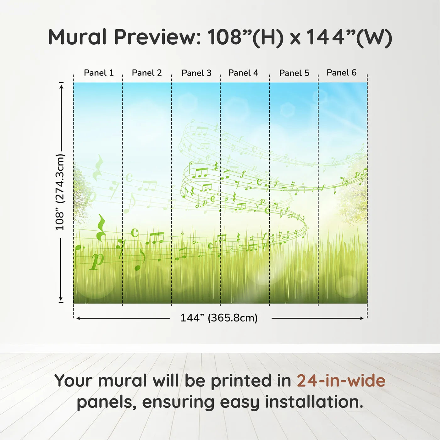 Whimsy Tots Song of the Meadow Wall Muraldimension view (108" H x 144" W). Printed in six 24-inch-wide panels. Gender-Neutral