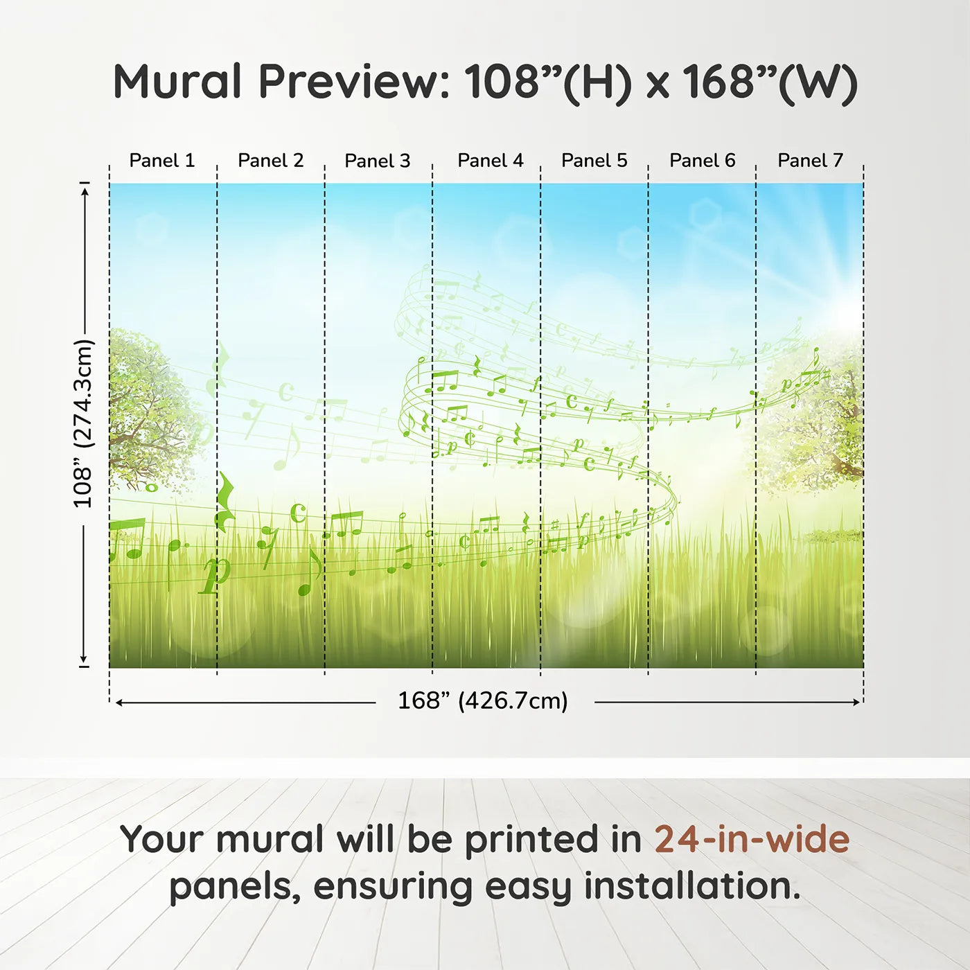 Whimsy Tots Song of the Meadow Wall Muraldimension view (108" H x 168" W). Printed in seven 24-inch-wide panels. Gender-Neutral