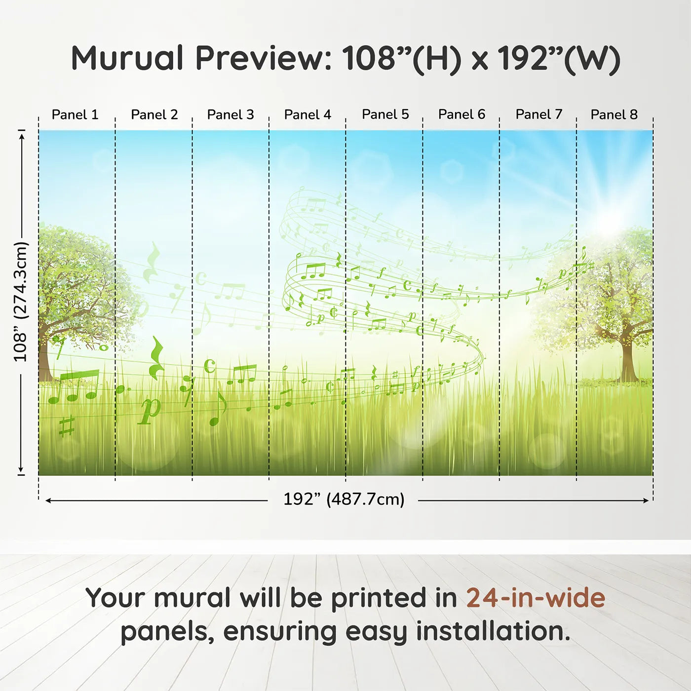 Whimsy Tots Song of the Meadow Wall Muraldimension view (108" H x 192" W). Printed in eight 24-inch-wide panels. Gender-Neutral