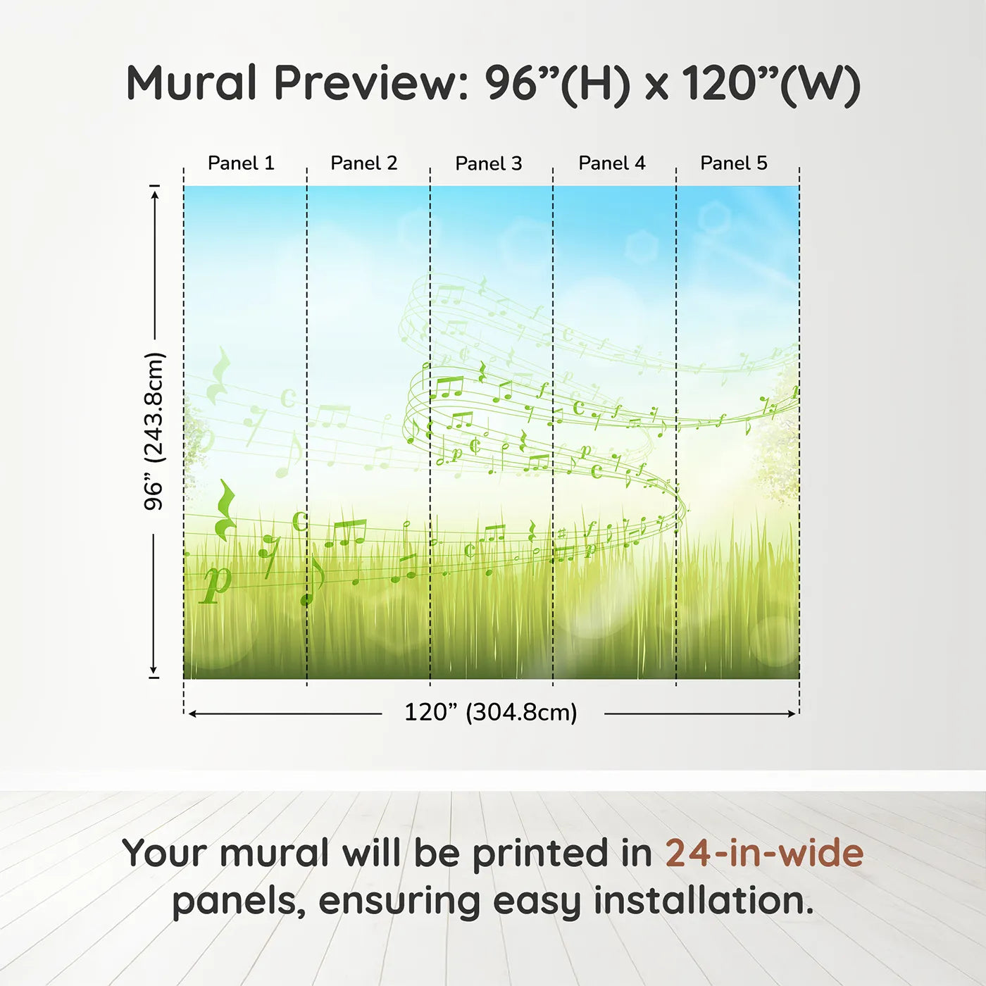 Whimsy Tots Song of the Meadow Wall Muraldimension view (96" H x 120" W). Printed in five 24-inch-wide panels. Gender-Neutral