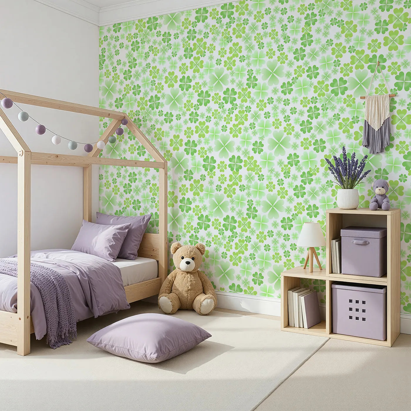 Angled view of Whimsy Tots' Lucky Clover Patch Wall Mural (Turn Their Room into a Field of Good Fortune).Gender-Neutral