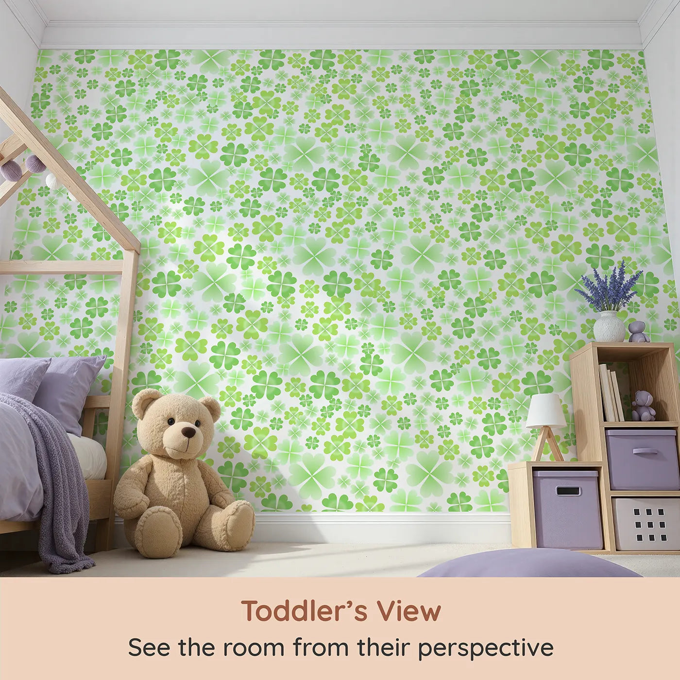 Whimsy Tots Lucky Clover Patch Wall Mural (Turn Their Room into a Field of Good Fortune) from your child's view.Gender-Neutral