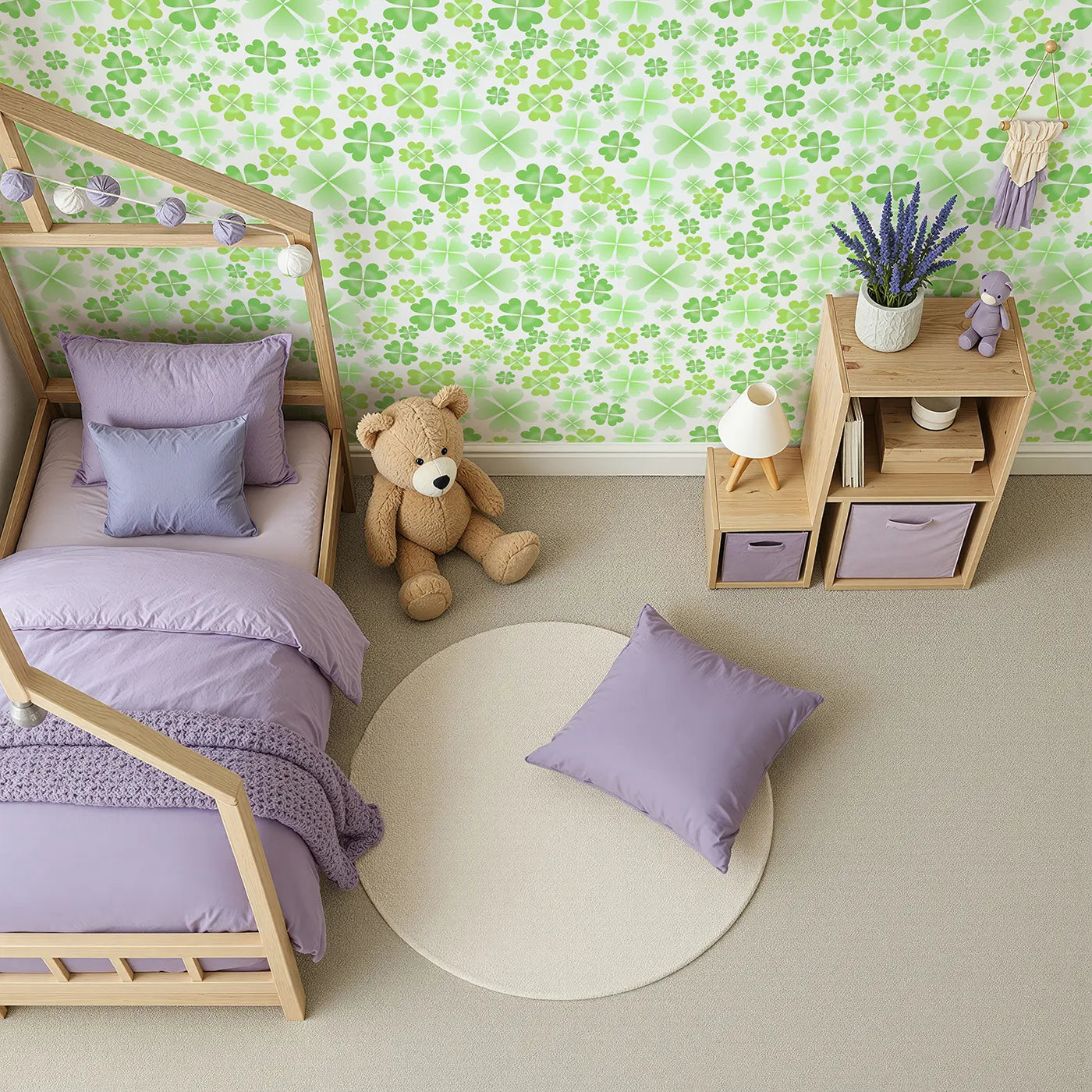 Top-down view of Whimsy Tots' Lucky Clover Patch Wall Mural (Turn Their Room into a Field of Good Fortune).Gender-Neutral