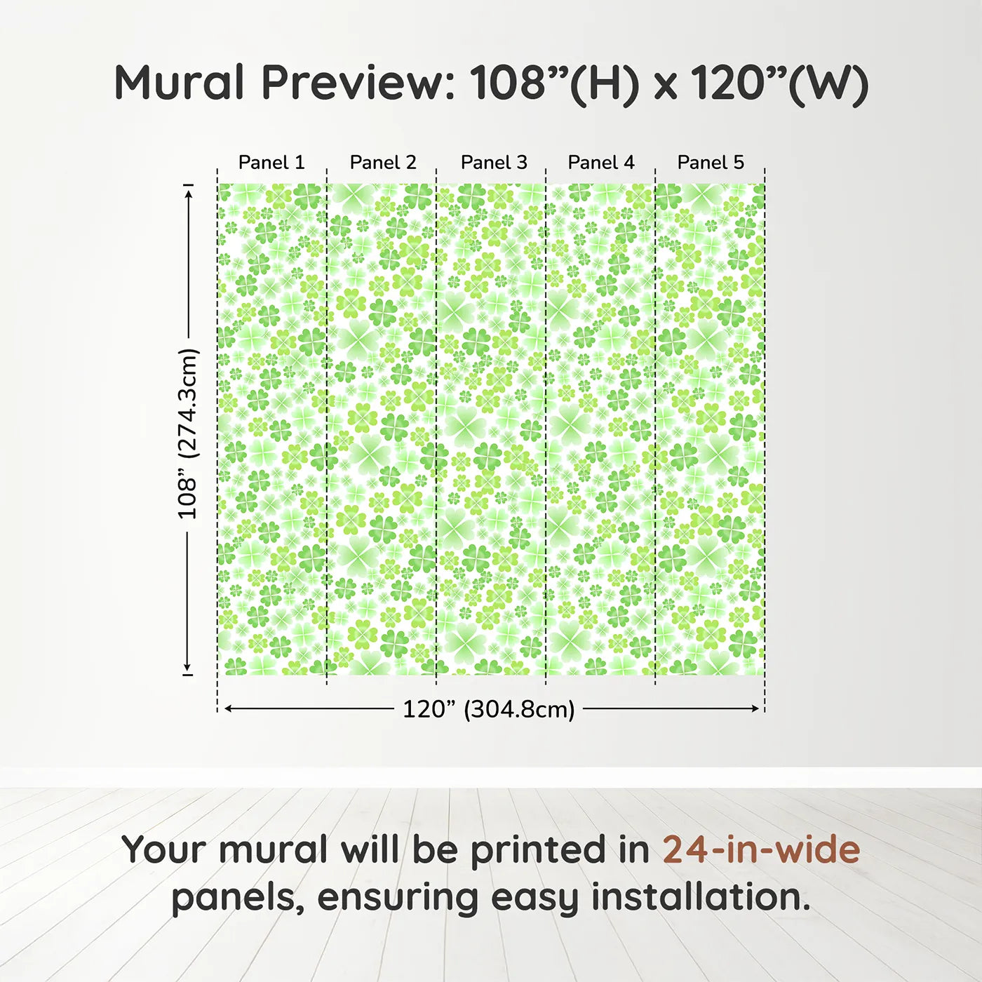 Whimsy Tots Lucky Clover Patch Wall Muraldimension view (108" H x 120" W). Printed in five 24-inch-wide panels. Gender-Neutral