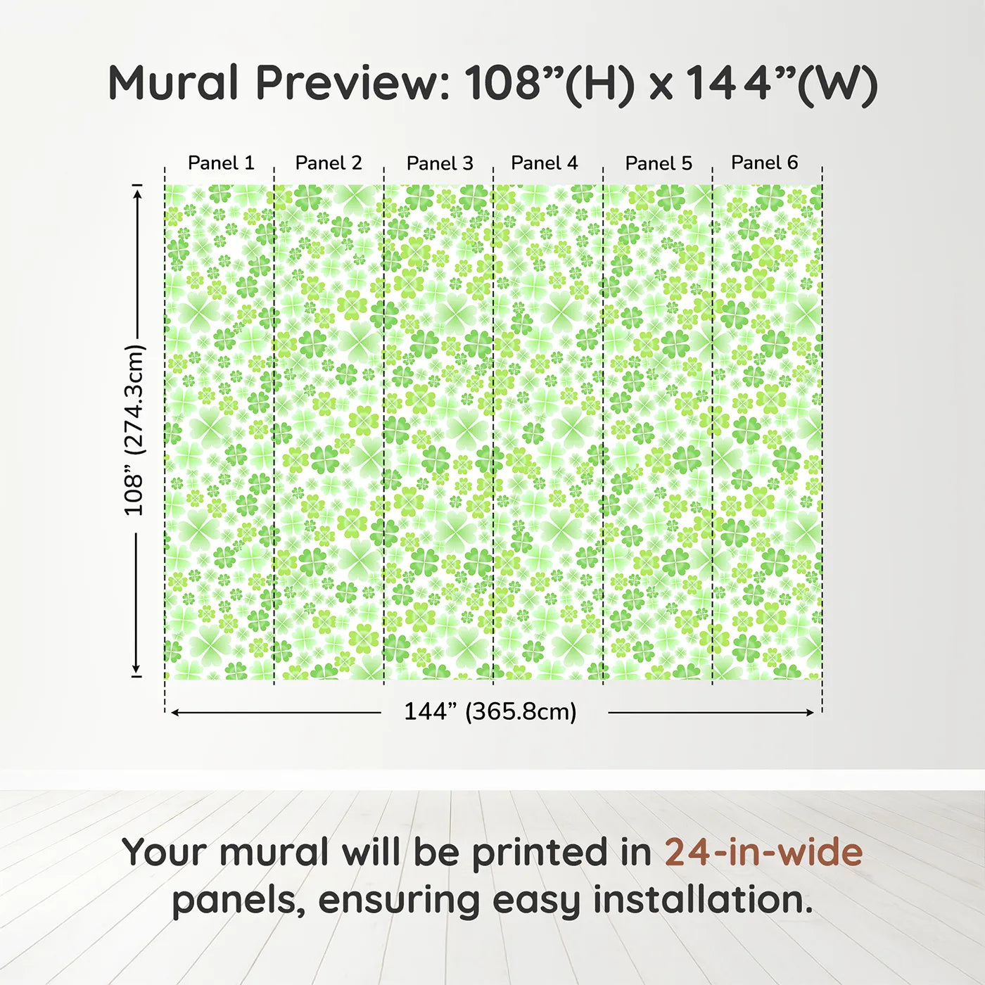 Whimsy Tots Lucky Clover Patch Wall Muraldimension view (108" H x 144" W). Printed in six 24-inch-wide panels. Gender-Neutral