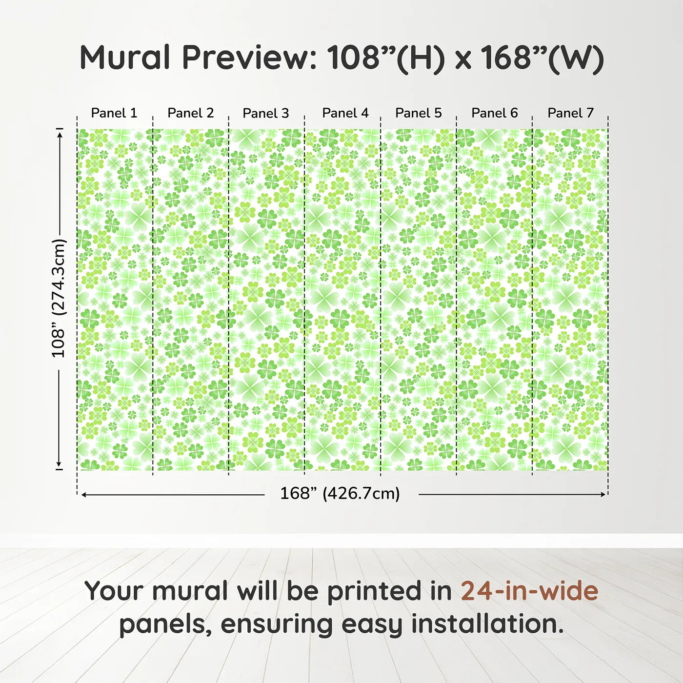 Whimsy Tots Lucky Clover Patch Wall Muraldimension view (108" H x 168" W). Printed in seven 24-inch-wide panels. Gender-Neutral