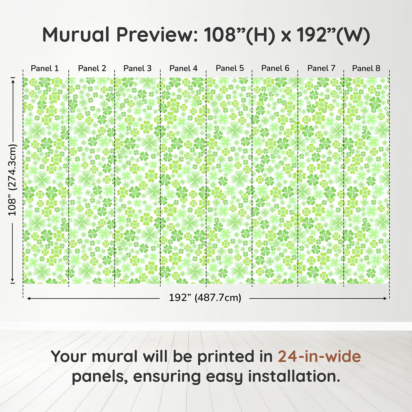 Whimsy Tots Lucky Clover Patch Wall Muraldimension view (108" H x 192" W). Printed in eight 24-inch-wide panels. Gender-Neutral