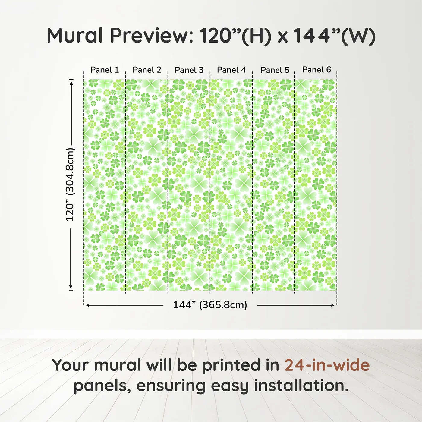 Whimsy Tots Lucky Clover Patch Wall Muraldimension view (120" H x 144" W). Printed in six 24-inch-wide panels. Gender-Neutral