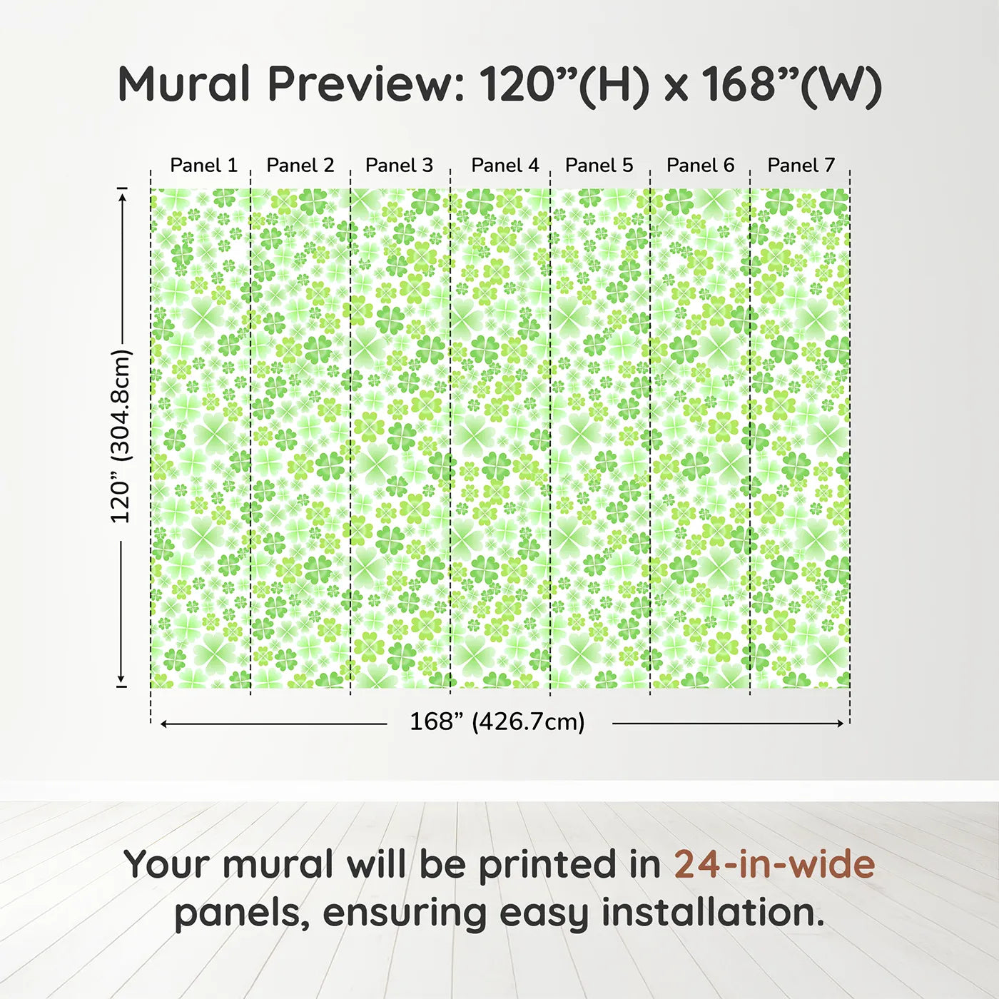 Whimsy Tots Lucky Clover Patch Wall Muraldimension view (120" H x 168" W). Printed in seven 24-inch-wide panels. Gender-Neutral