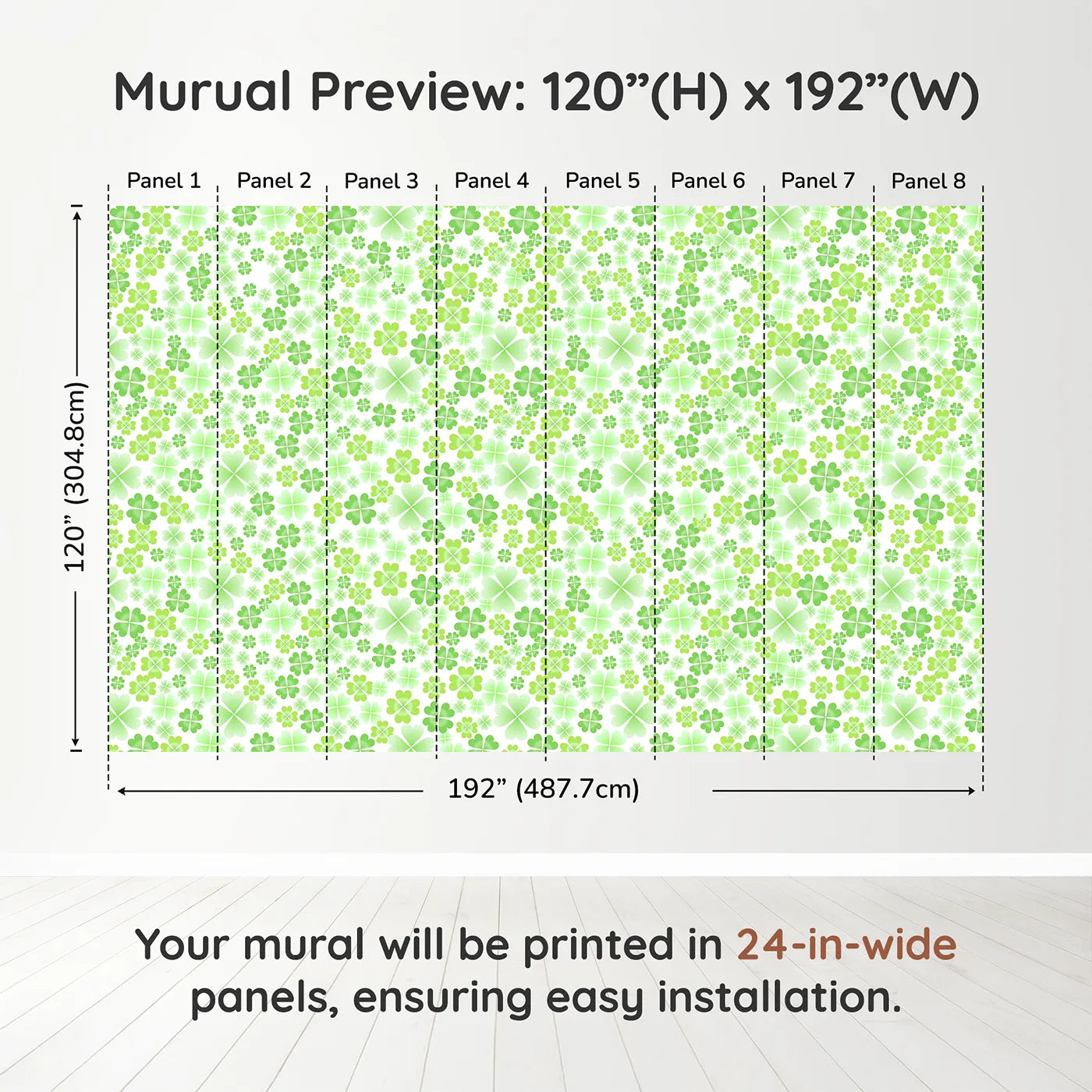 Whimsy Tots Lucky Clover Patch Wall Muraldimension view (120" H x 192" W). Printed in eight 24-inch-wide panels. Gender-Neutral