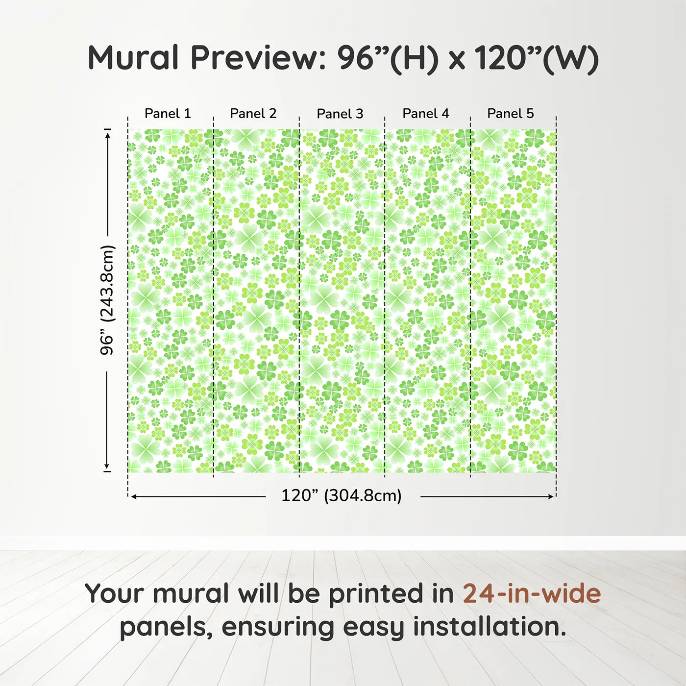 Whimsy Tots Lucky Clover Patch Wall Muraldimension view (96" H x 120" W). Printed in five 24-inch-wide panels. Gender-Neutral