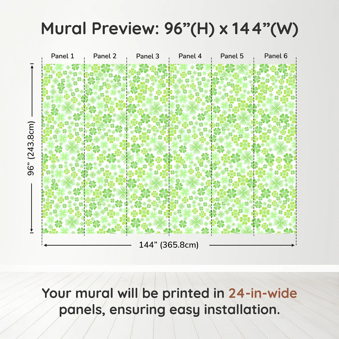 Whimsy Tots Lucky Clover Patch Wall Muraldimension view (96" H x 144" W). Printed in six 24-inch-wide panels. Gender-Neutral