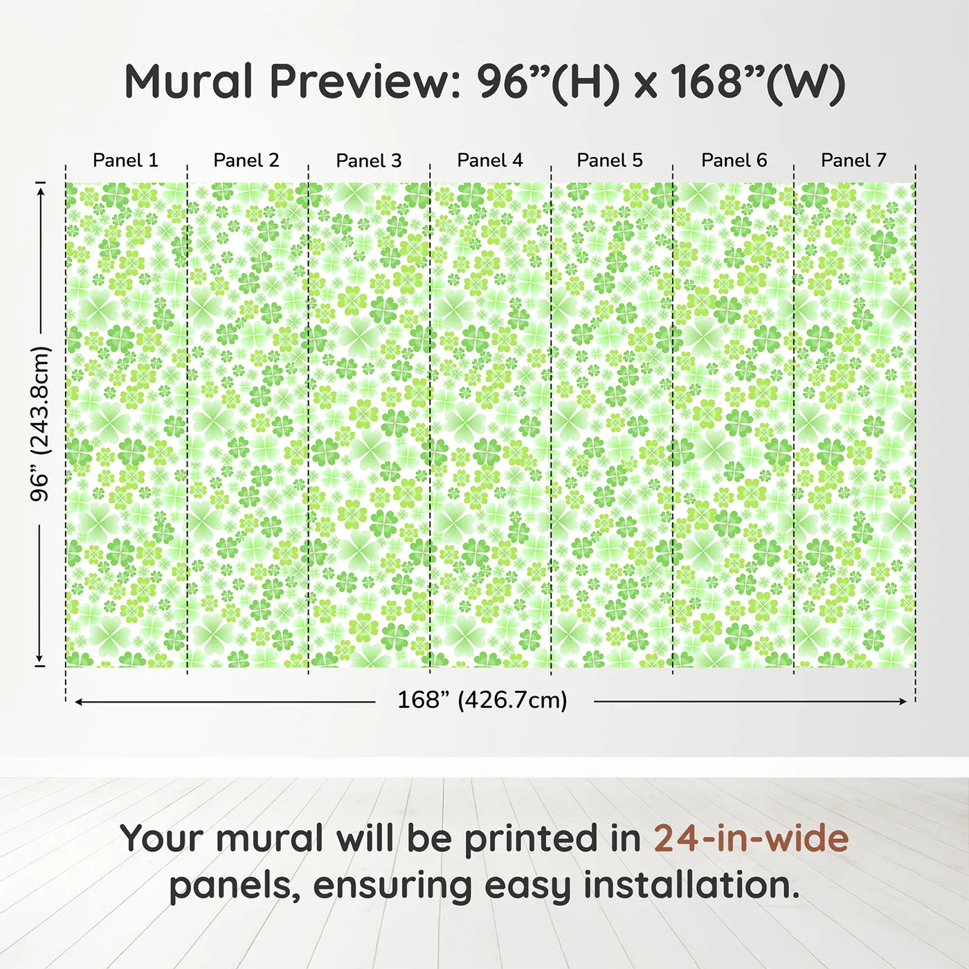 Whimsy Tots Lucky Clover Patch Wall Muraldimension view (96" H x 168" W). Printed in seven 24-inch-wide panels. Gender-Neutral