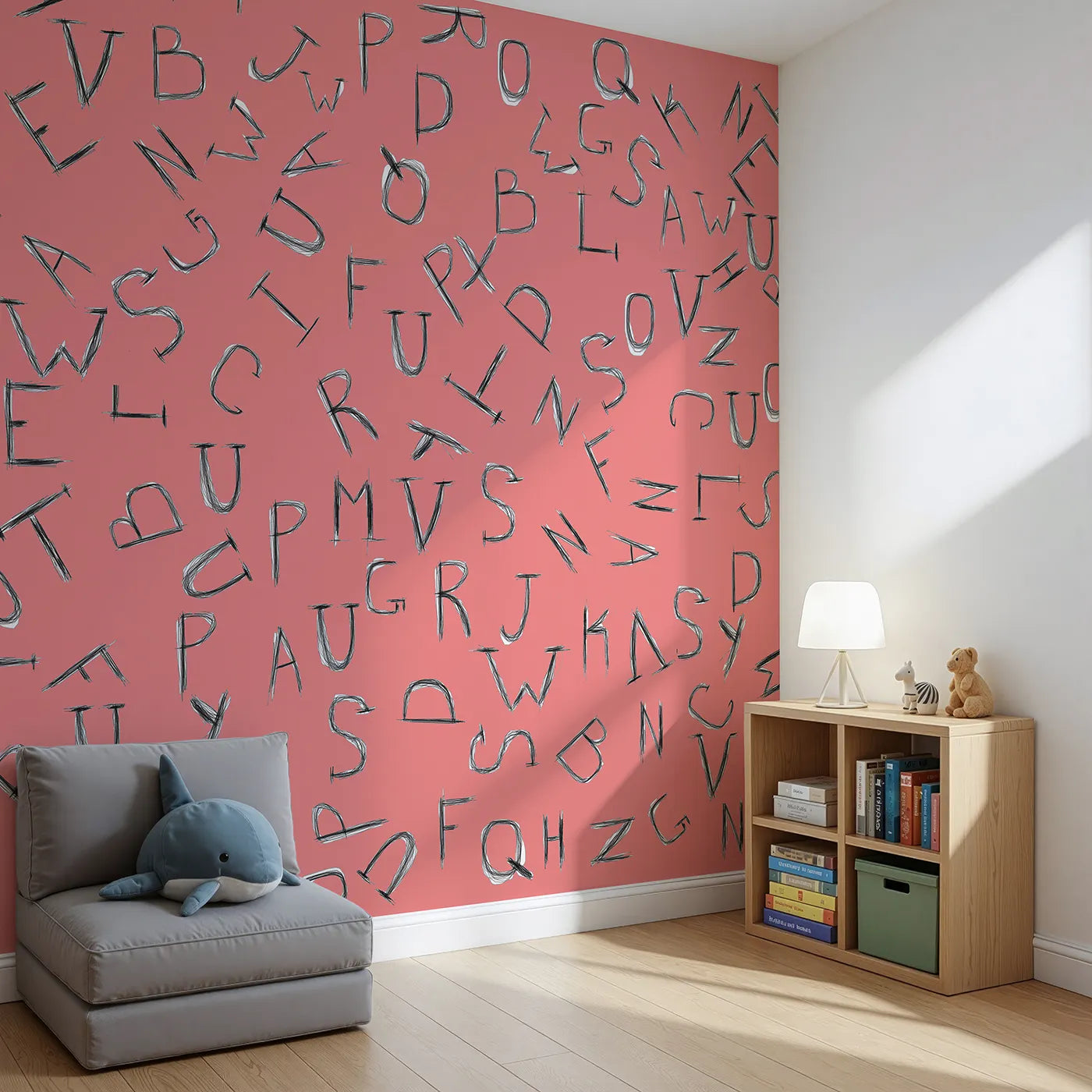Angled view of Whimsy Tots' Scattered Letters Wall Mural in Pink (Turn Their Room into a Playground for Words).Best for Girls