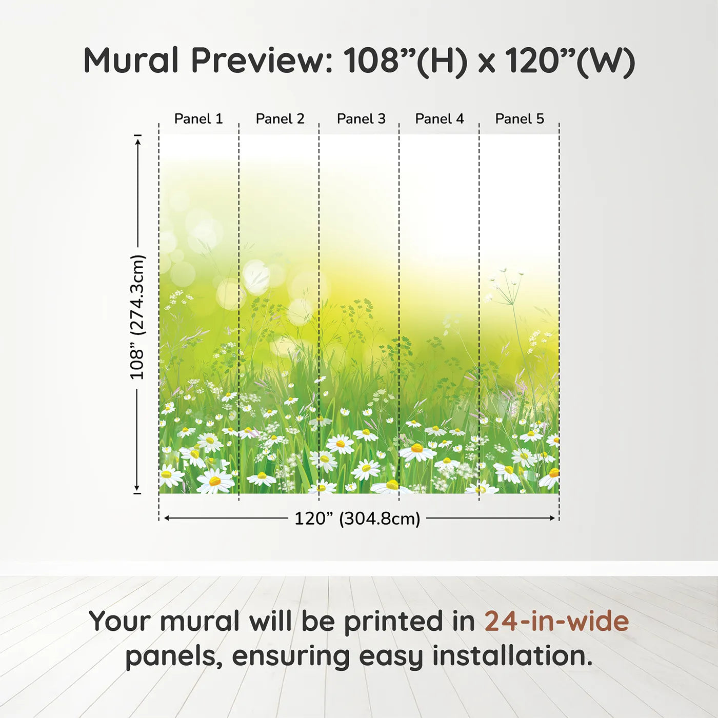 Whimsy Tots Summer Wildflower Meadow Wall Muraldimension view (108" H x 120" W). Printed in five 24-inch-wide panels. Gender-Neutral