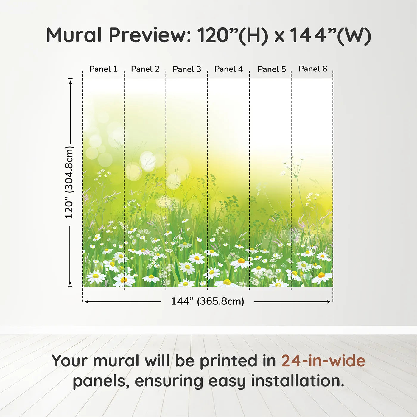 Whimsy Tots Summer Wildflower Meadow Wall Muraldimension view (120" H x 144" W). Printed in six 24-inch-wide panels. Gender-Neutral