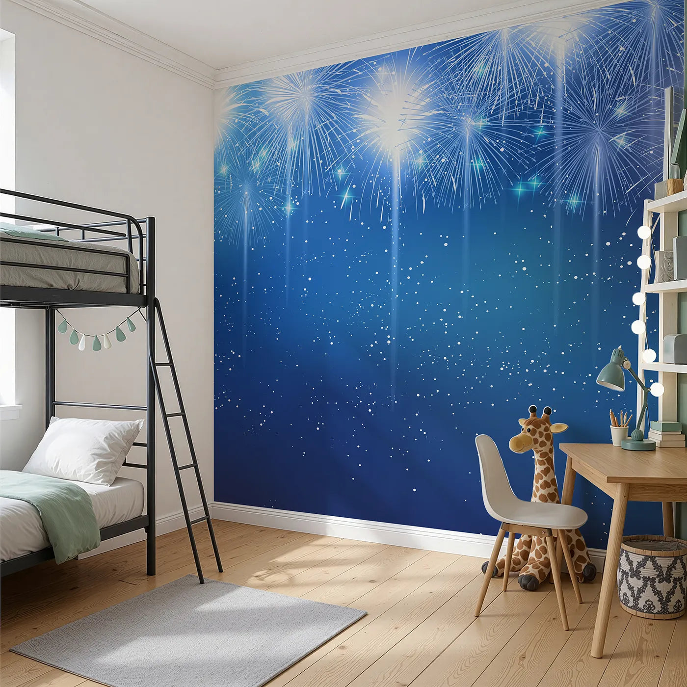 Angled view of Whimsy Tots' Midnight Fireworks Celebration Wall Mural (Turn Their Room into a Magical Fireworks Show).Gender-Neutral