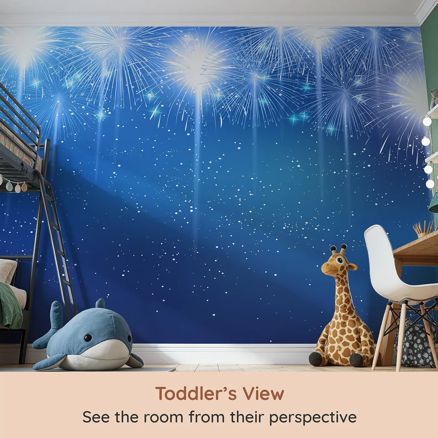 Whimsy Tots Midnight Fireworks Celebration Wall Mural (Turn Their Room into a Magical Fireworks Show) from your child's view.Gender-Neutral