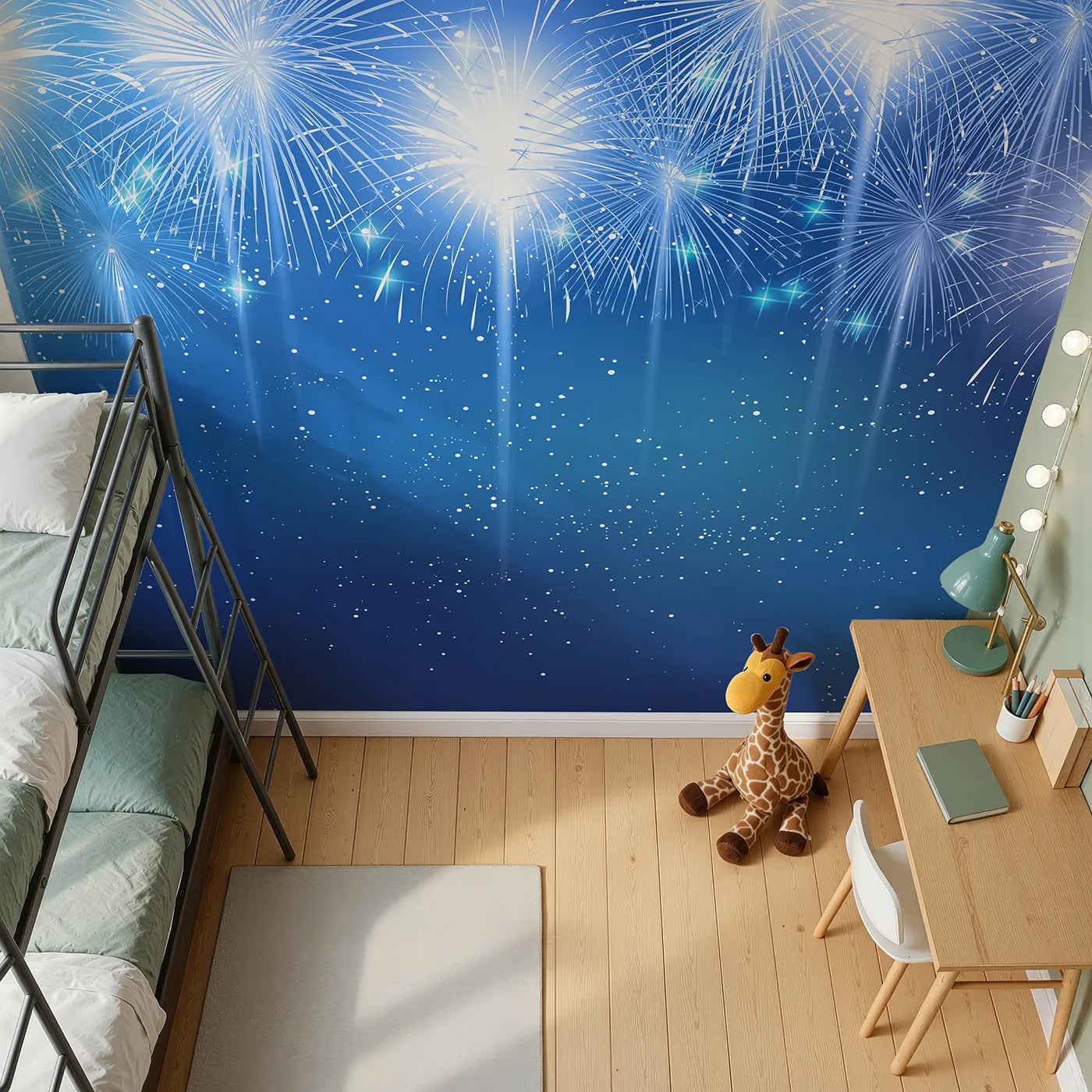 Top-down view of Whimsy Tots' Midnight Fireworks Celebration Wall Mural (Turn Their Room into a Magical Fireworks Show).Gender-Neutral