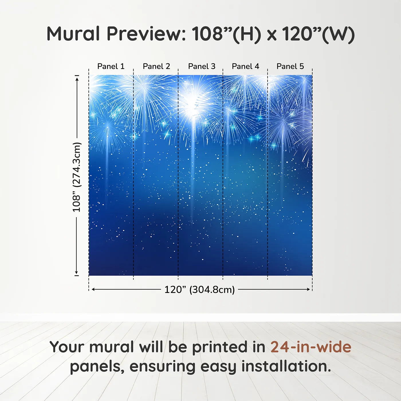 Whimsy Tots Midnight Fireworks Celebration Wall Muraldimension view (108" H x 120" W). Printed in five 24-inch-wide panels. Gender-Neutral