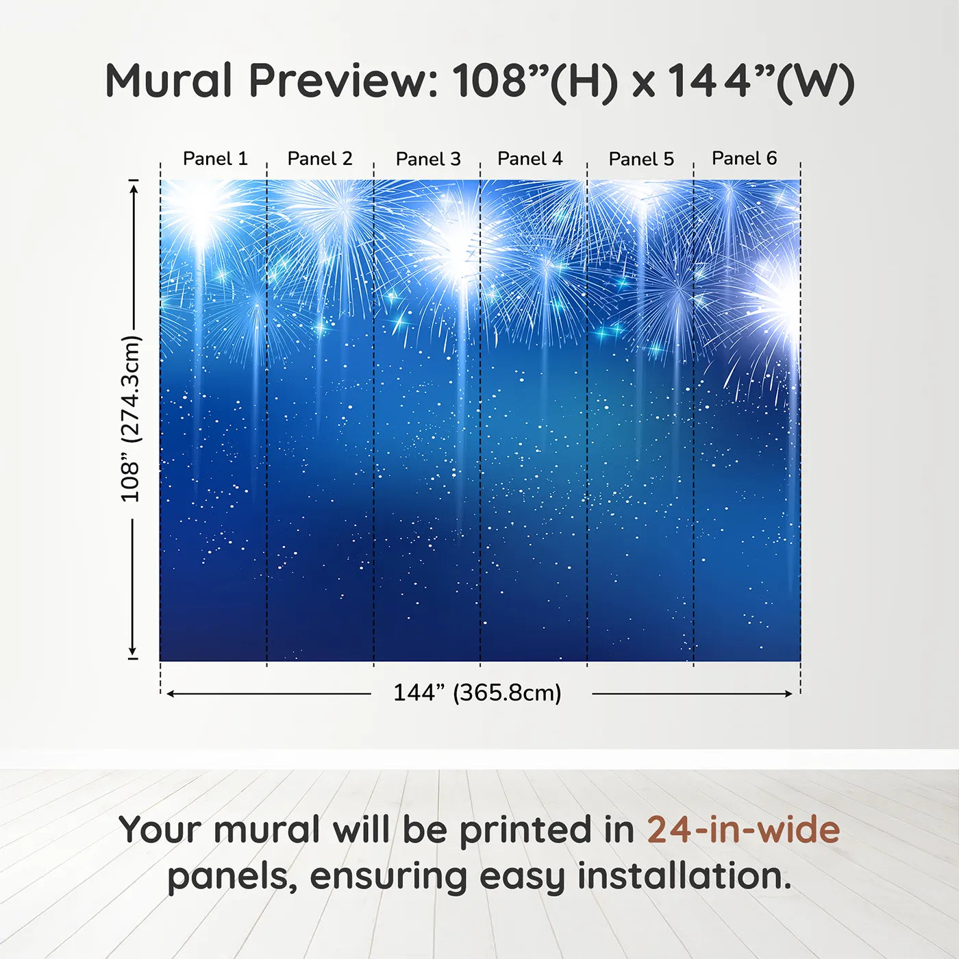 Whimsy Tots Midnight Fireworks Celebration Wall Muraldimension view (108" H x 144" W). Printed in six 24-inch-wide panels. Gender-Neutral