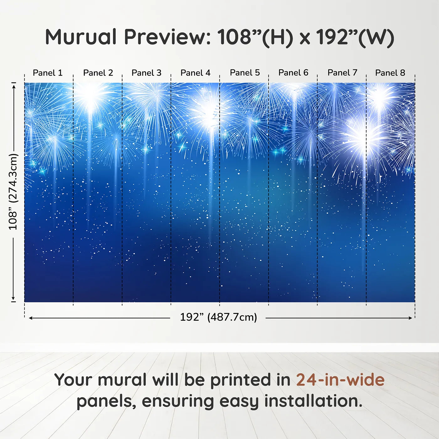 Whimsy Tots Midnight Fireworks Celebration Wall Muraldimension view (108" H x 192" W). Printed in eight 24-inch-wide panels. Gender-Neutral