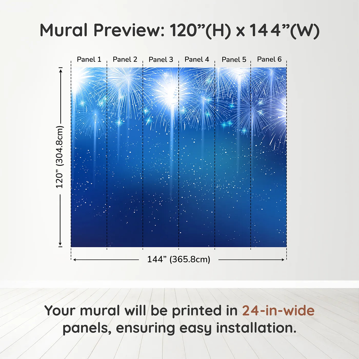 Whimsy Tots Midnight Fireworks Celebration Wall Muraldimension view (120" H x 144" W). Printed in six 24-inch-wide panels. Gender-Neutral