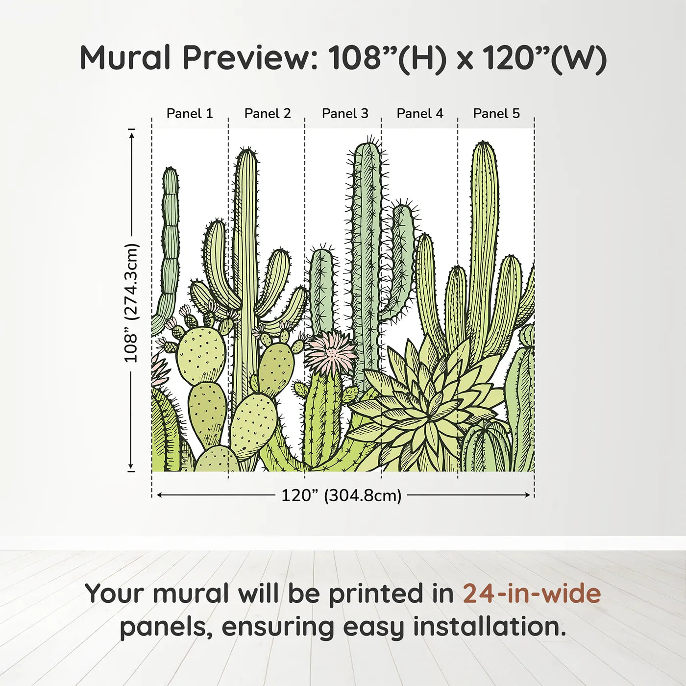 Whimsy Tots Desert Cactus Garden Wall Muraldimension view (108" H x 120" W). Printed in five 24-inch-wide panels. Gender-Neutral