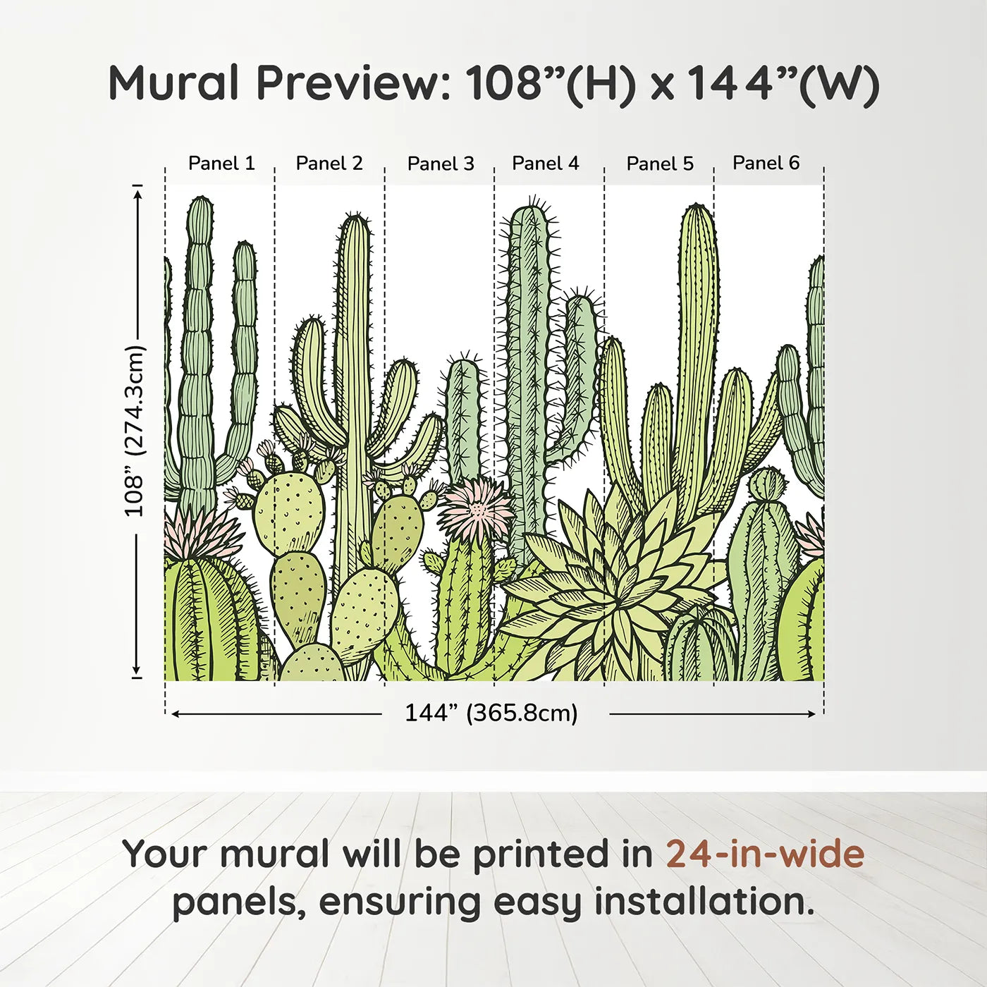 Whimsy Tots Desert Cactus Garden Wall Muraldimension view (108" H x 144" W). Printed in six 24-inch-wide panels. Gender-Neutral