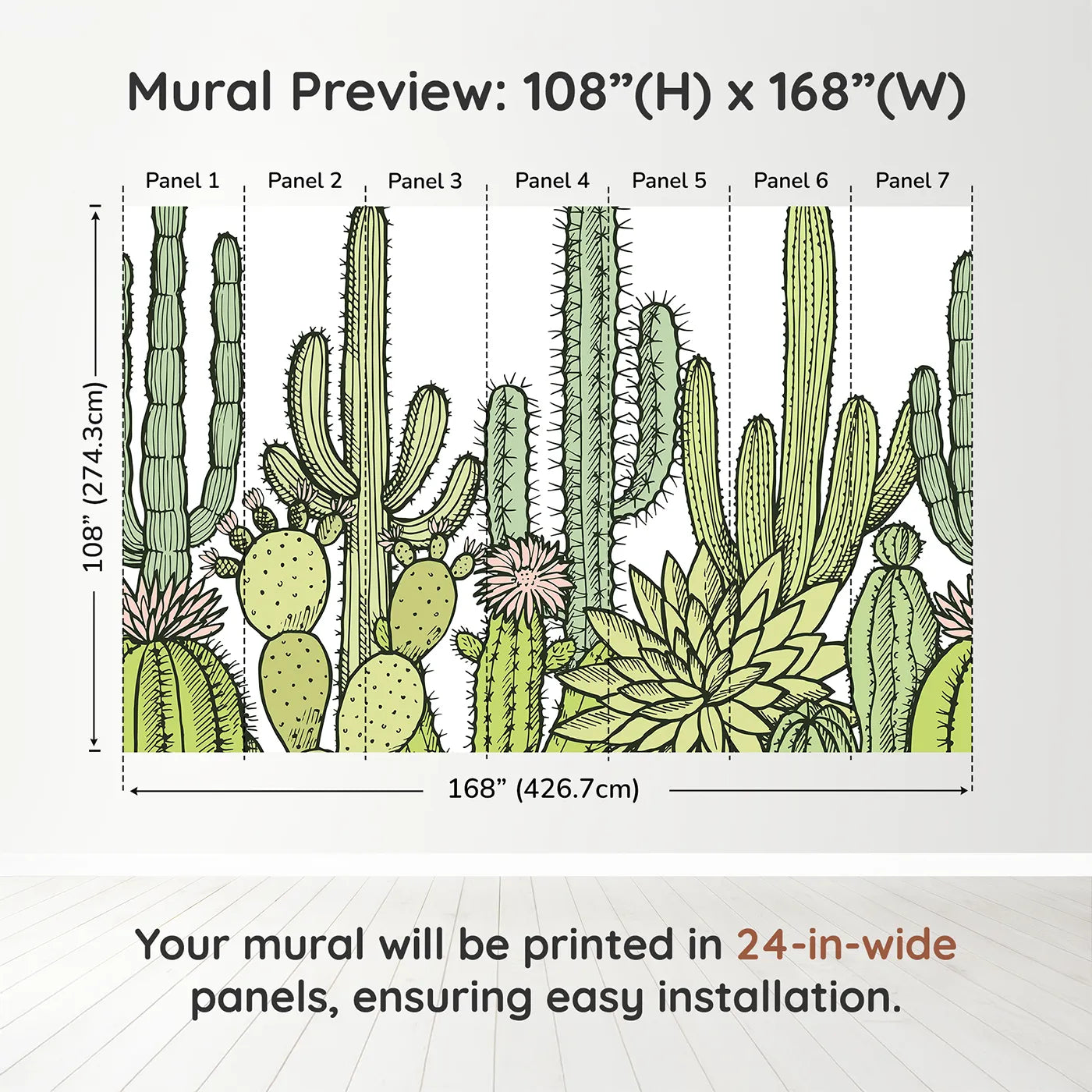 Whimsy Tots Desert Cactus Garden Wall Muraldimension view (108" H x 168" W). Printed in seven 24-inch-wide panels. Gender-Neutral