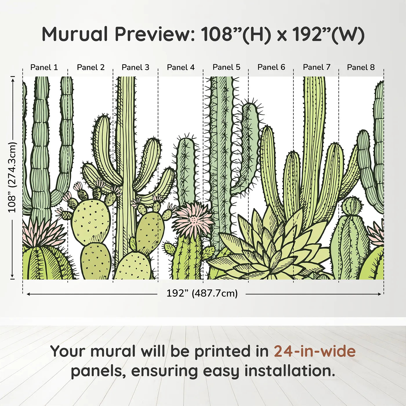 Whimsy Tots Desert Cactus Garden Wall Muraldimension view (108" H x 192" W). Printed in eight 24-inch-wide panels. Gender-Neutral