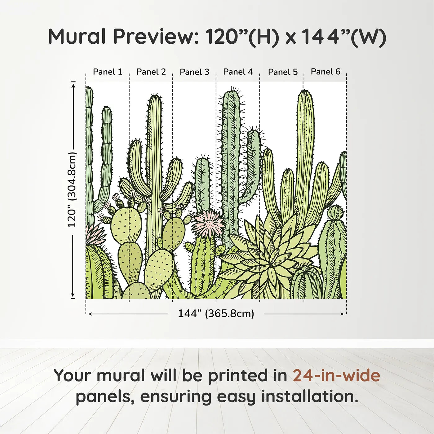 Whimsy Tots Desert Cactus Garden Wall Muraldimension view (120" H x 144" W). Printed in six 24-inch-wide panels. Gender-Neutral