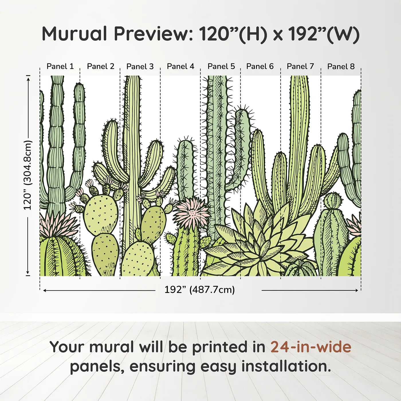 Whimsy Tots Desert Cactus Garden Wall Muraldimension view (120" H x 192" W). Printed in eight 24-inch-wide panels. Gender-Neutral