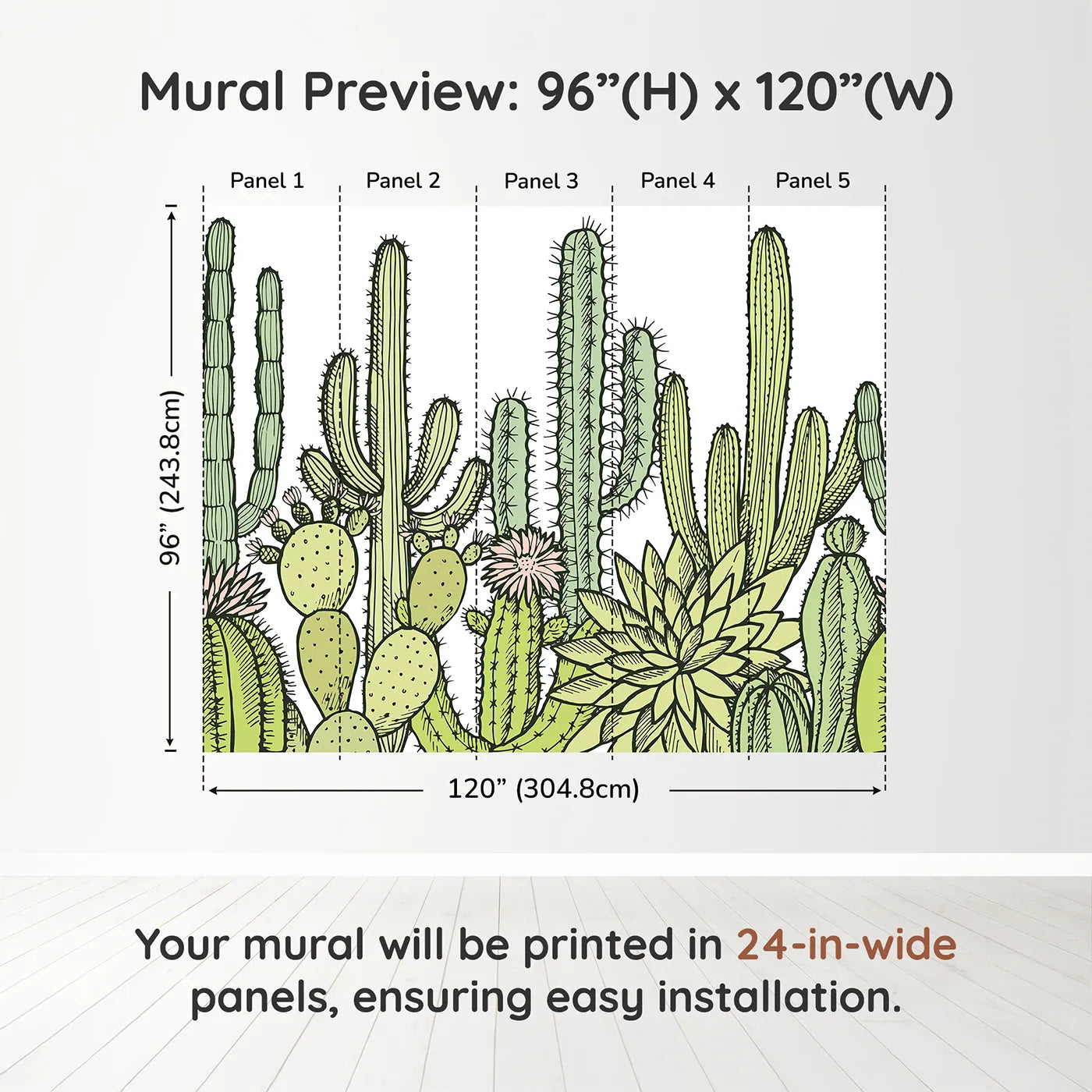 Whimsy Tots Desert Cactus Garden Wall Muraldimension view (96" H x 120" W). Printed in five 24-inch-wide panels. Gender-Neutral