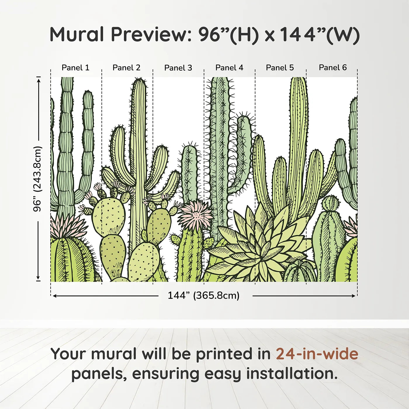 Whimsy Tots Desert Cactus Garden Wall Muraldimension view (96" H x 144" W). Printed in six 24-inch-wide panels. Gender-Neutral