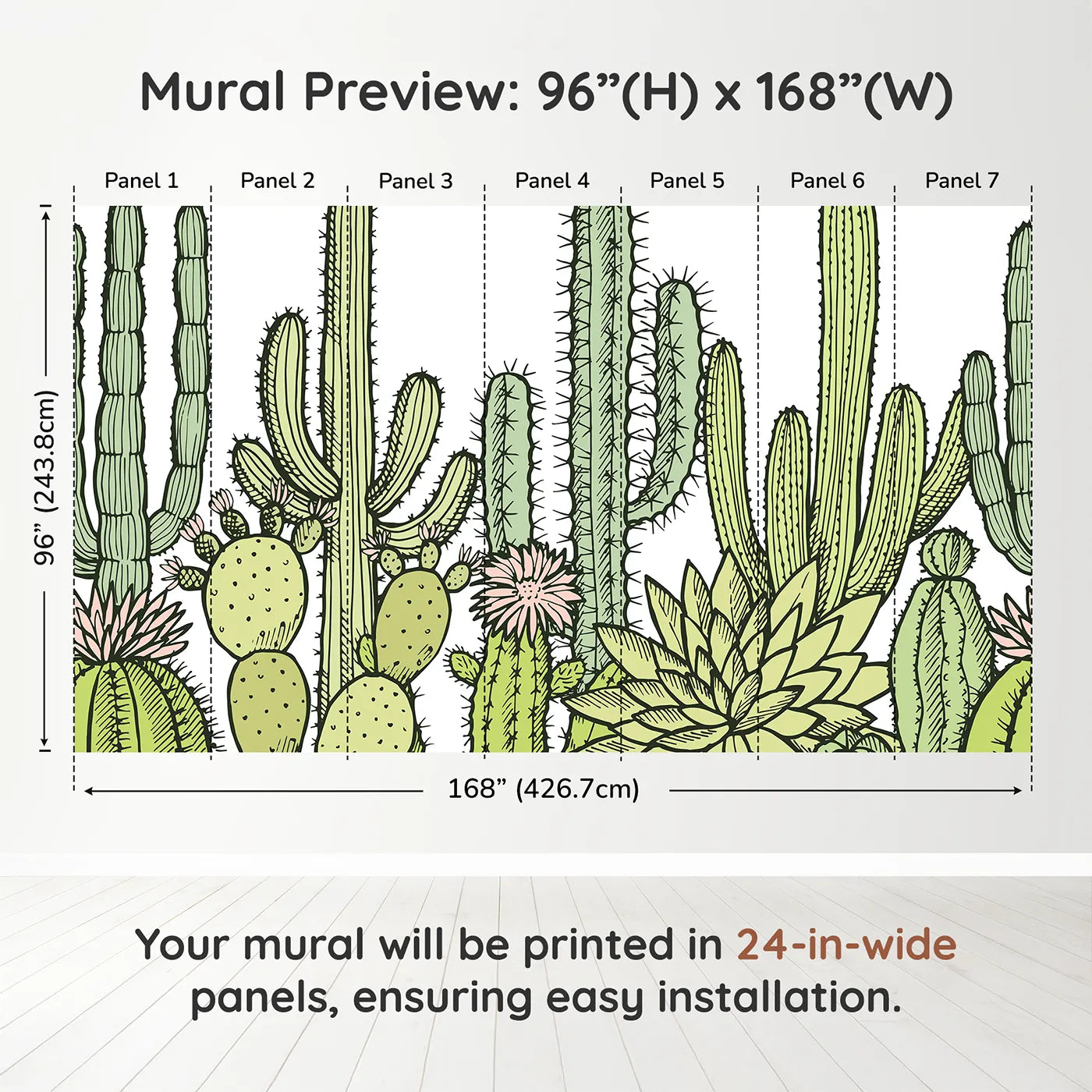 Whimsy Tots Desert Cactus Garden Wall Muraldimension view (96" H x 168" W). Printed in seven 24-inch-wide panels. Gender-Neutral