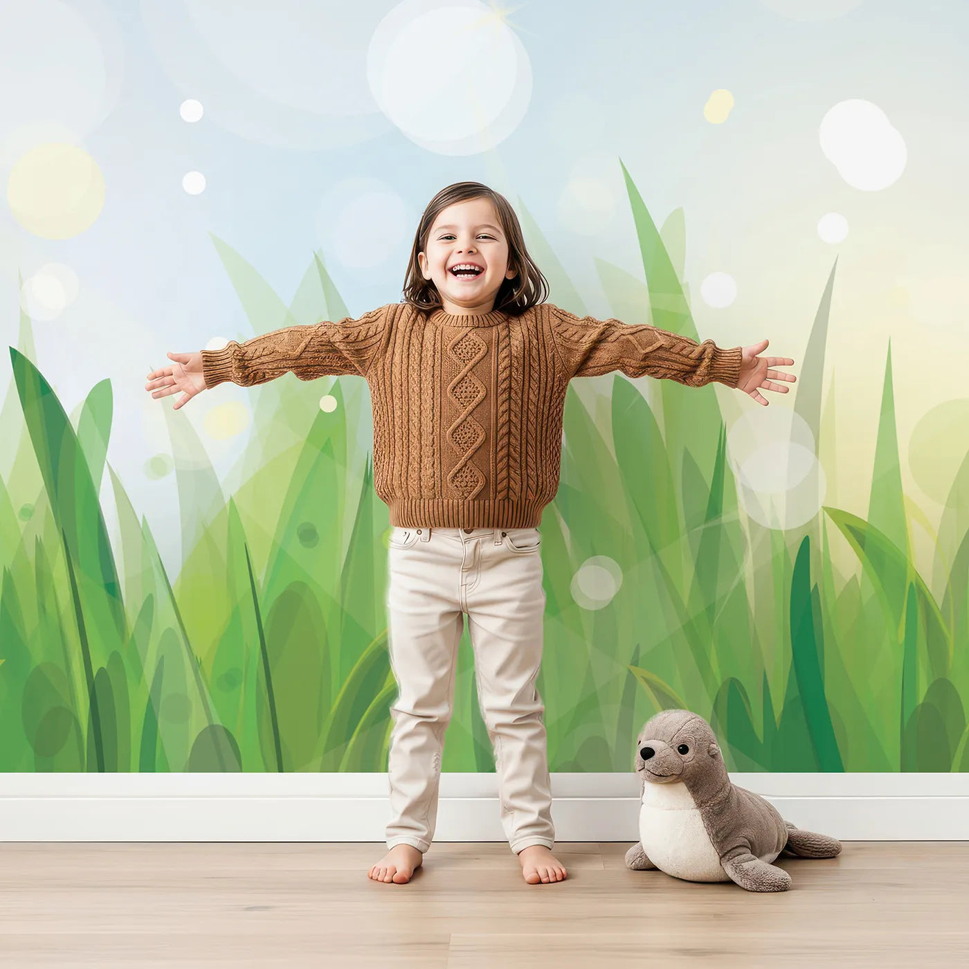Child in front of Whimsy Tots Summer Grass Breeze Wall Mural with grass, sky, blue, green, nature, summer, field, meadow in design.