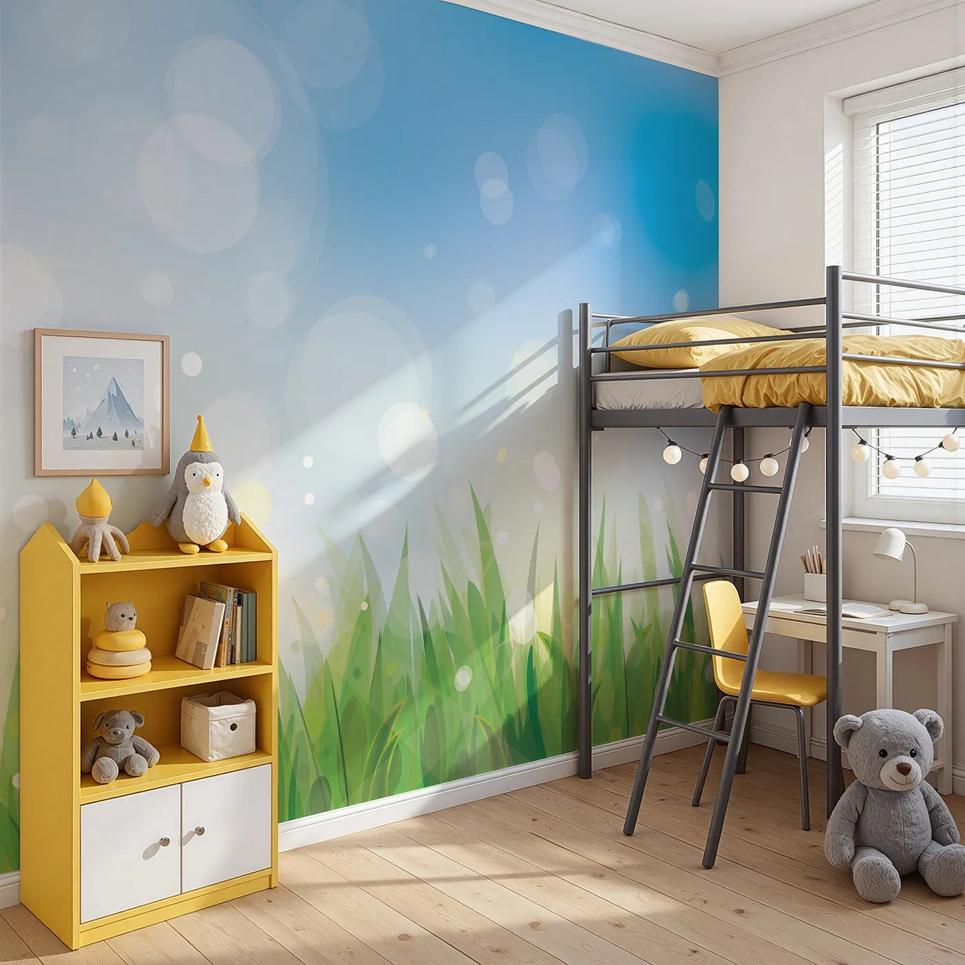 Angled view of Whimsy Tots' Summer Grass Breeze Wall Mural (Turn Their Room into a Bright and Airy Meadow).Gender-Neutral