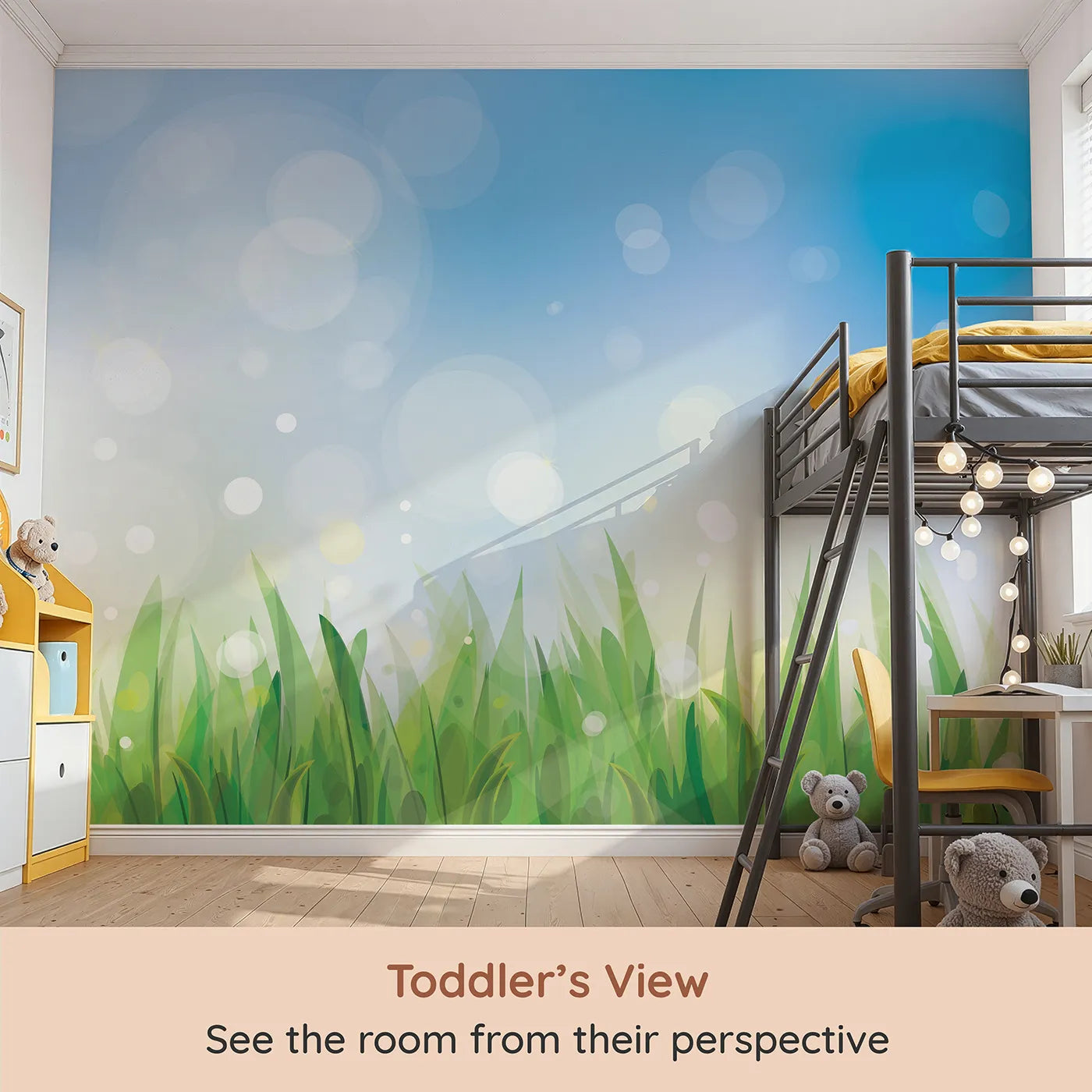 Whimsy Tots Summer Grass Breeze Wall Mural (Turn Their Room into a Bright and Airy Meadow) from your child's view.Gender-Neutral
