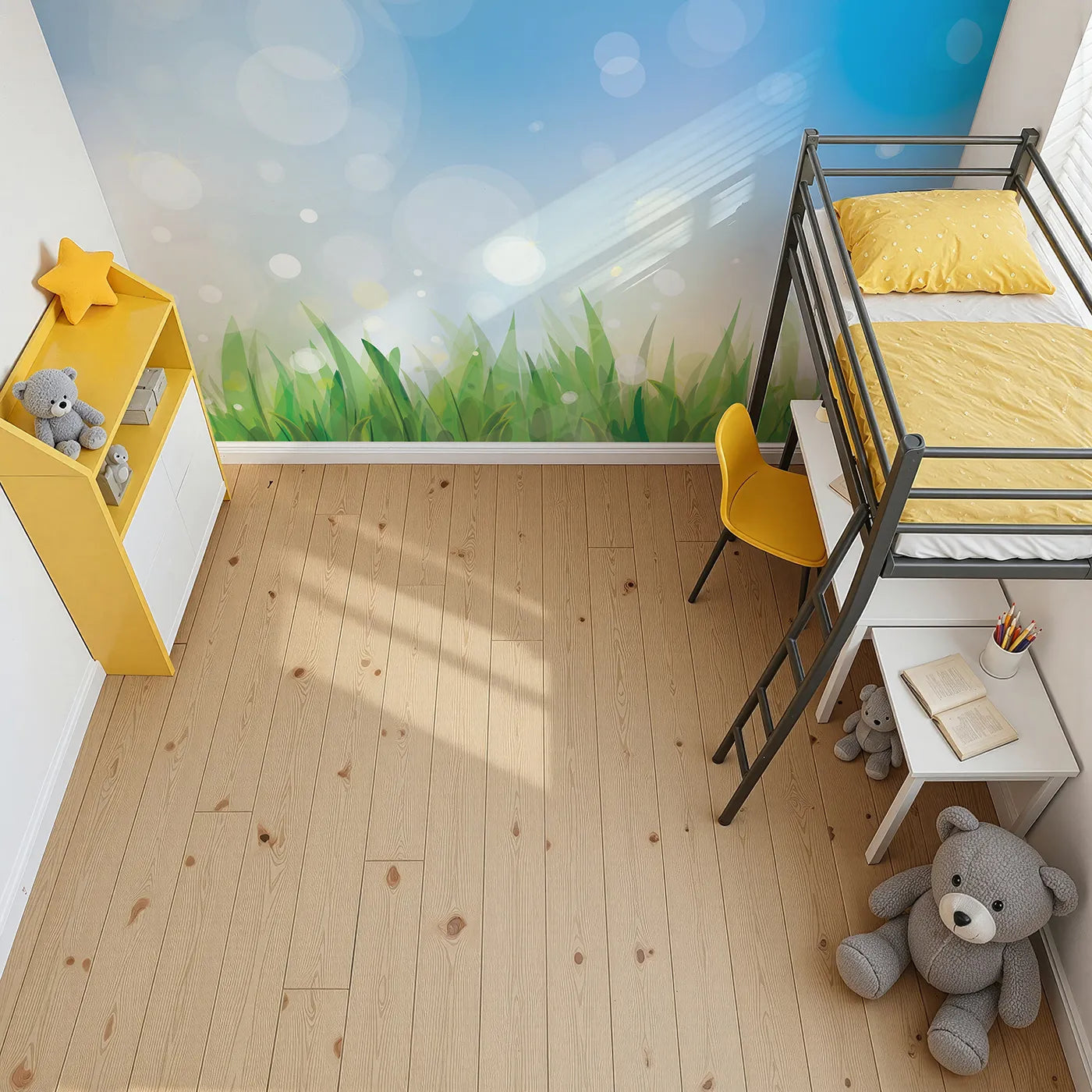 Top-down view of Whimsy Tots' Summer Grass Breeze Wall Mural (Turn Their Room into a Bright and Airy Meadow).Gender-Neutral