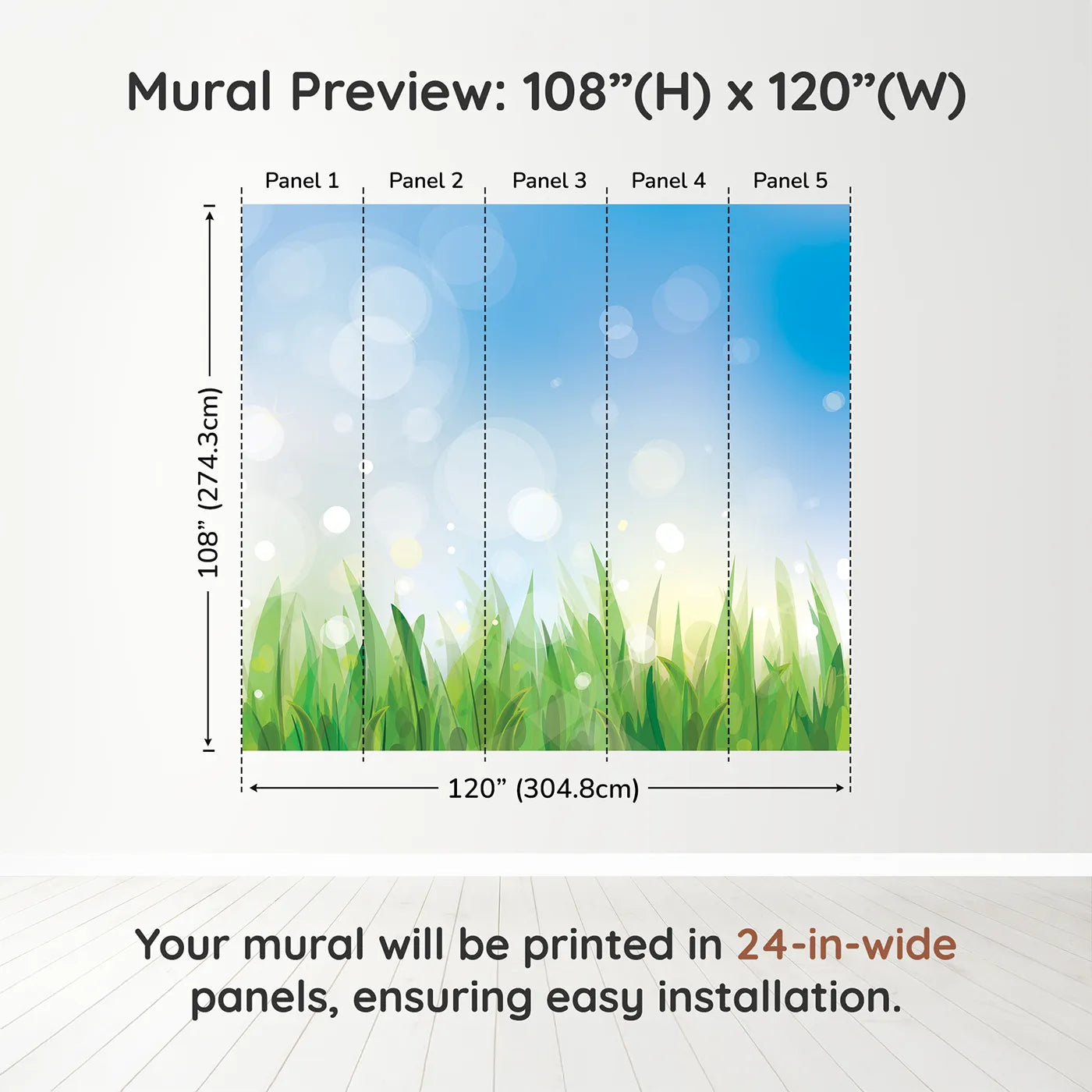 Whimsy Tots Summer Grass Breeze Wall Muraldimension view (108" H x 120" W). Printed in five 24-inch-wide panels. Gender-Neutral