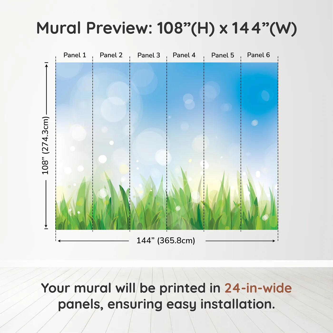 Whimsy Tots Summer Grass Breeze Wall Muraldimension view (108" H x 144" W). Printed in six 24-inch-wide panels. Gender-Neutral