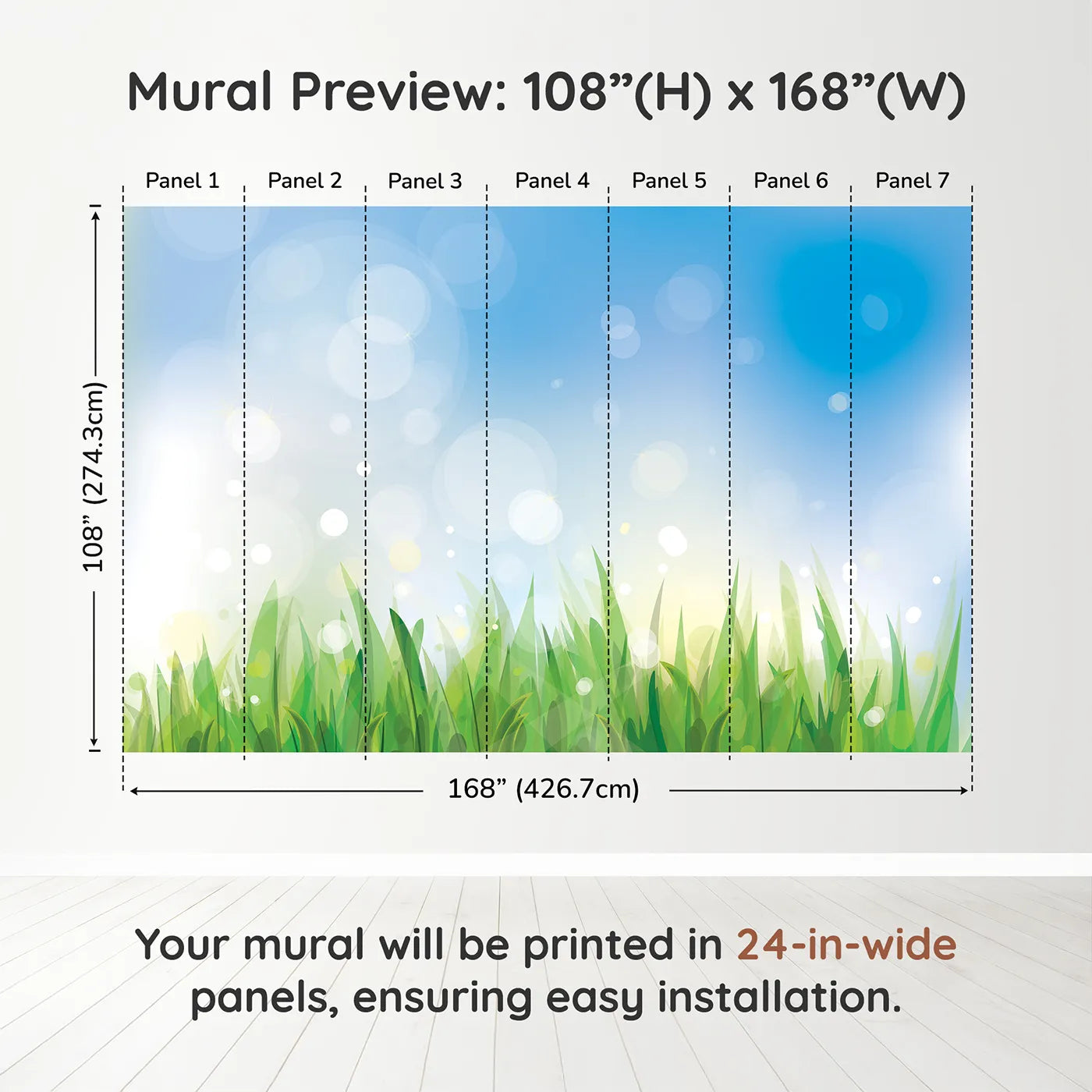 Whimsy Tots Summer Grass Breeze Wall Muraldimension view (108" H x 168" W). Printed in seven 24-inch-wide panels. Gender-Neutral
