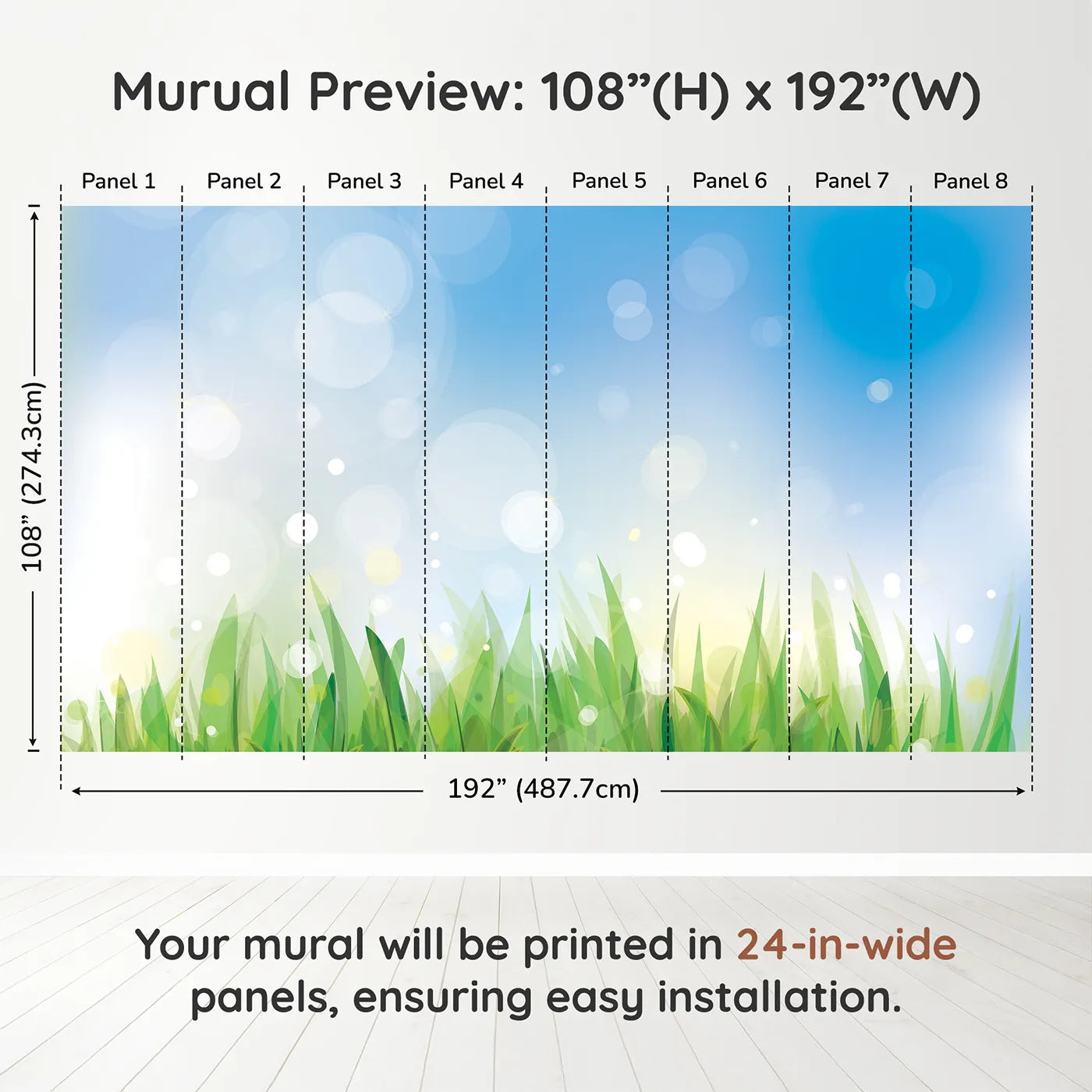 Whimsy Tots Summer Grass Breeze Wall Muraldimension view (108" H x 192" W). Printed in eight 24-inch-wide panels. Gender-Neutral